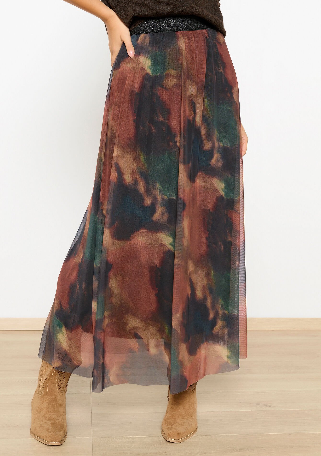 Mesh skirt with blurry print, Mesh skirt with blurry print - CARAMEL - 07101299_1953