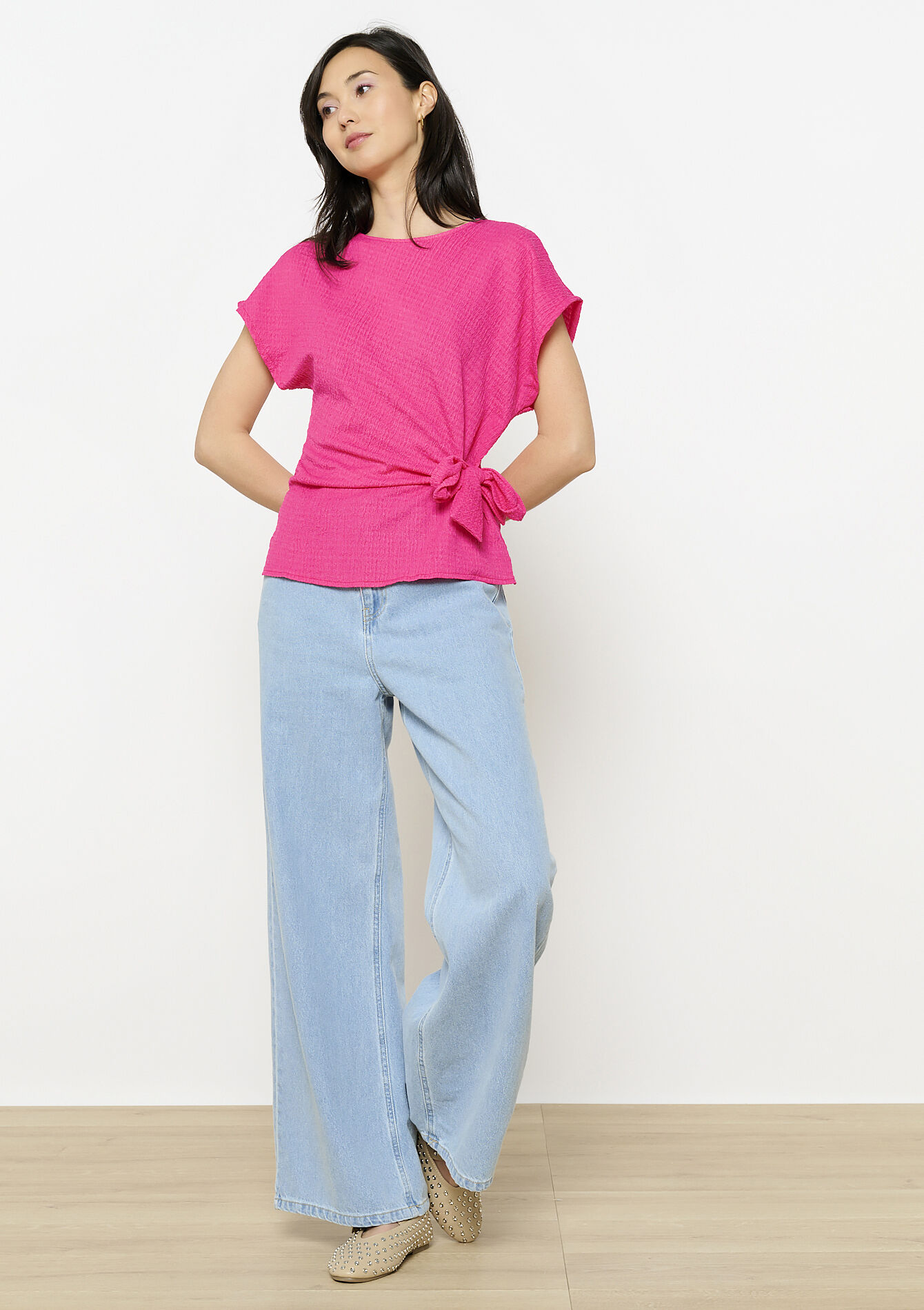 T-shirt noué texturé, T-shirt noué texturé - FUCHSIA - 02301800_5626