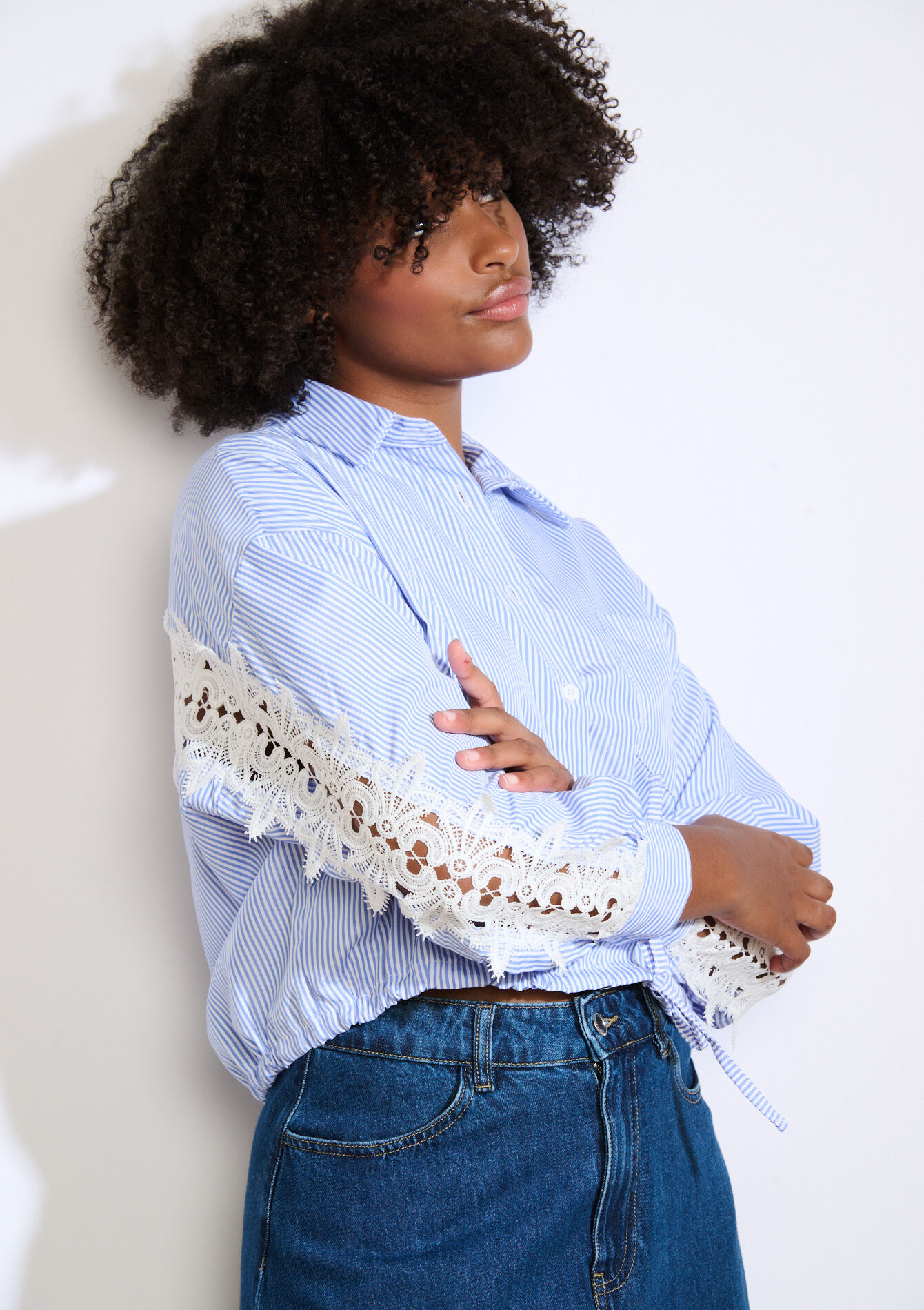 Chemise à empiècements brodés, Chemise à empiècements brodés - BLUE PASTEL - 05702925_3003