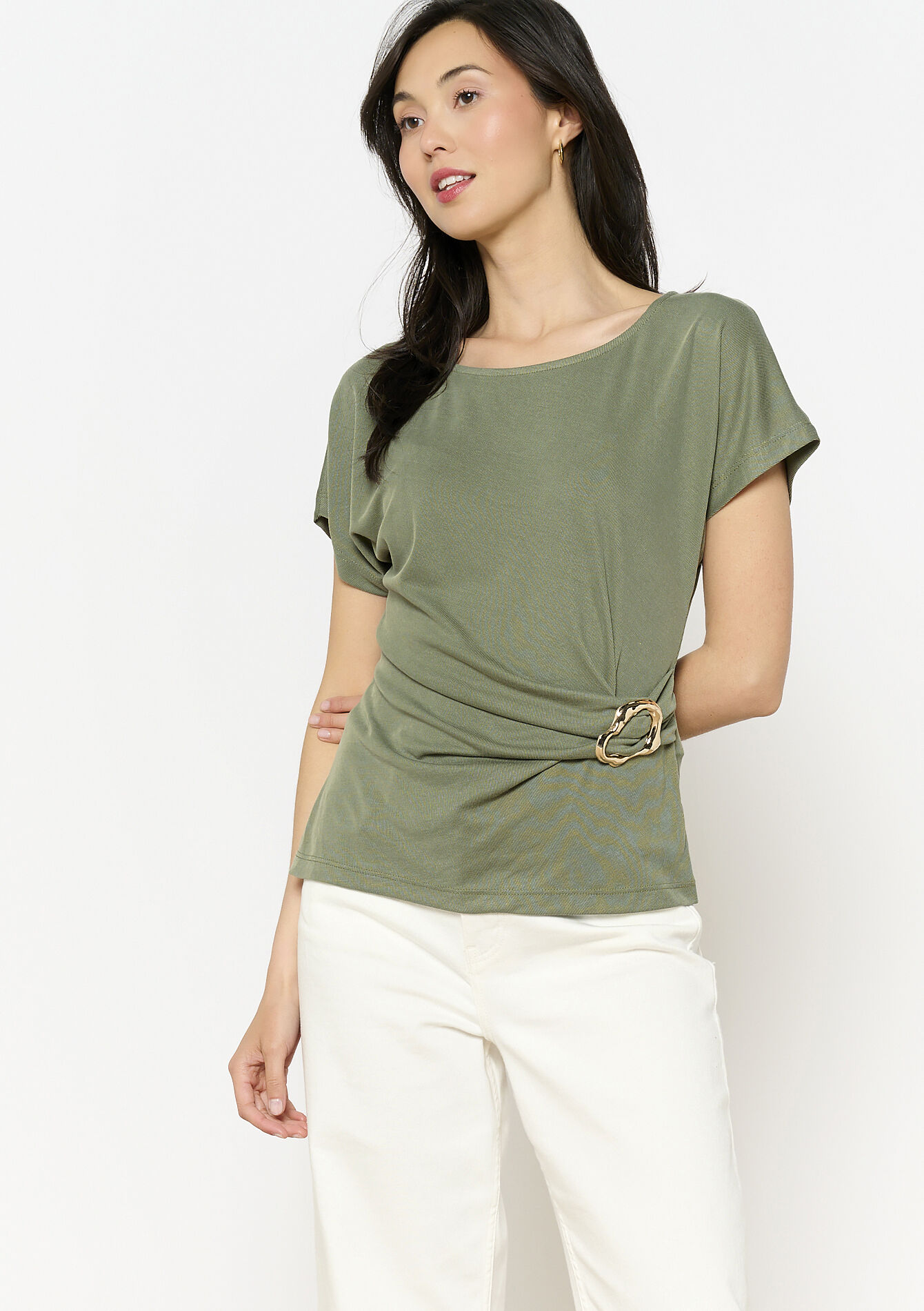 T-shirt met gespsluiting - KHAKI FADED - 02301789_4326