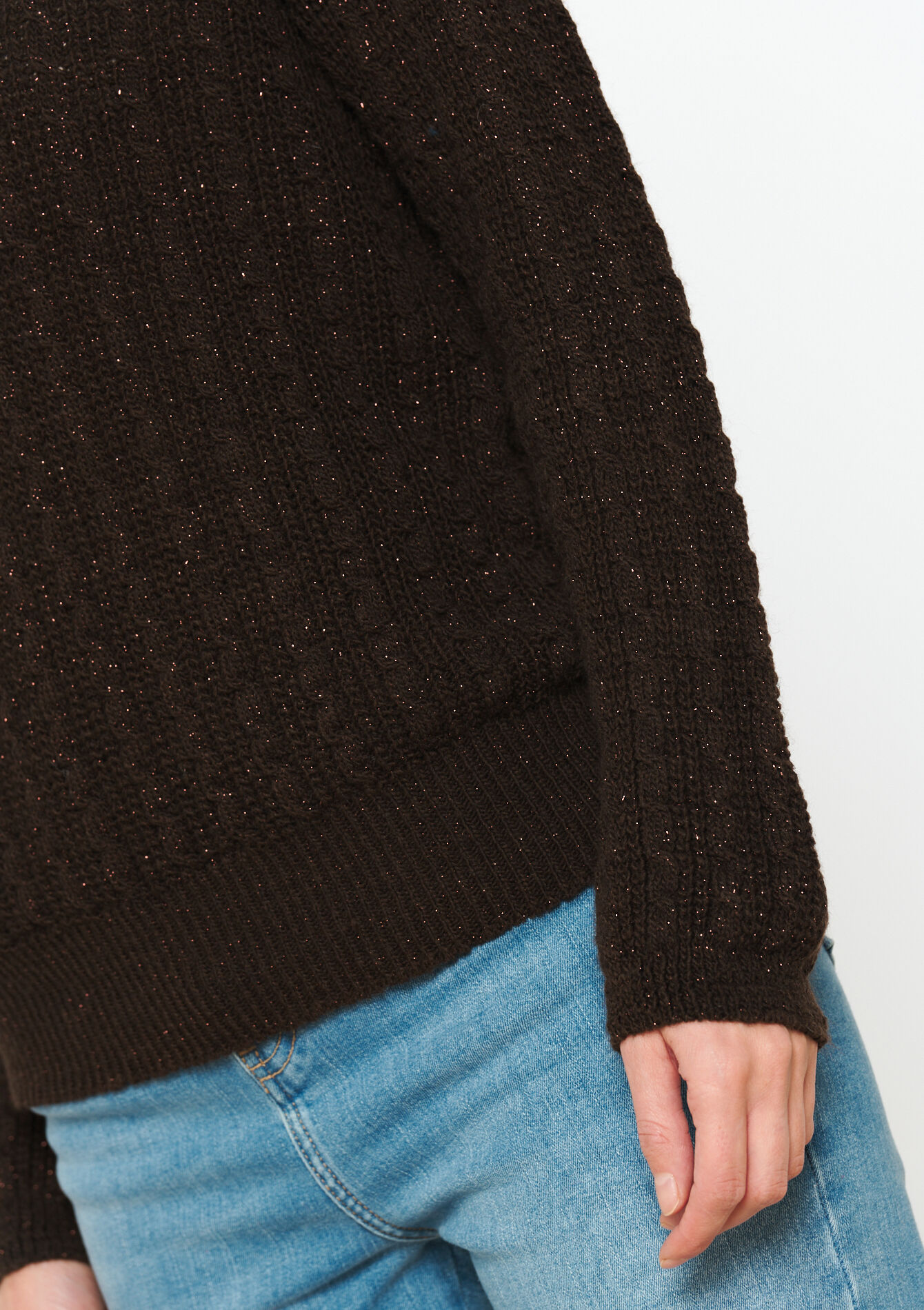 Pullover en maille torsadée avec lurex, Pullover en maille torsadée avec lurex - BROWN DARK CHOCOLATE - 04006329_3720