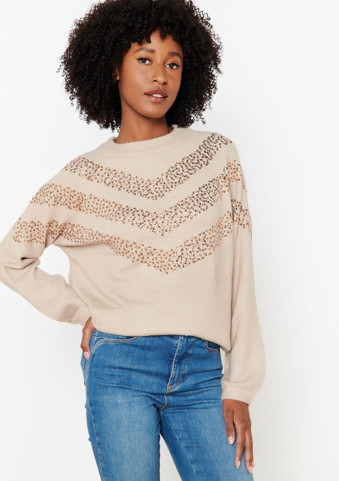Pullover with mossy yarn and pailettes - LT BEIGE - 04006159_2527