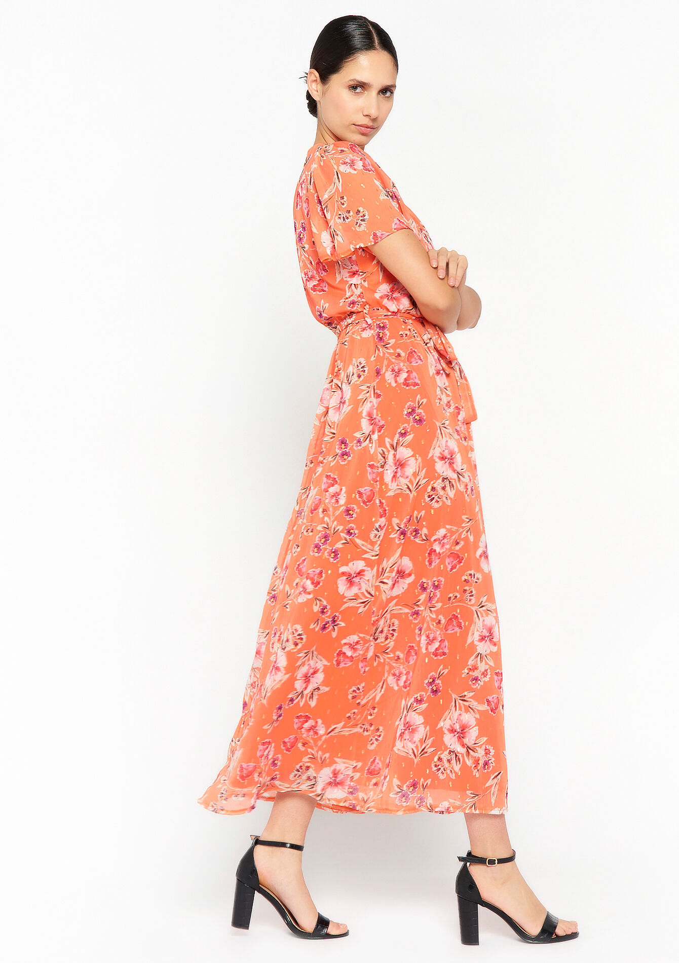 Maxi-jurk met bloemenprint, Maxi-jurk met bloemenprint - ORANGE BRIGHT - 1071149