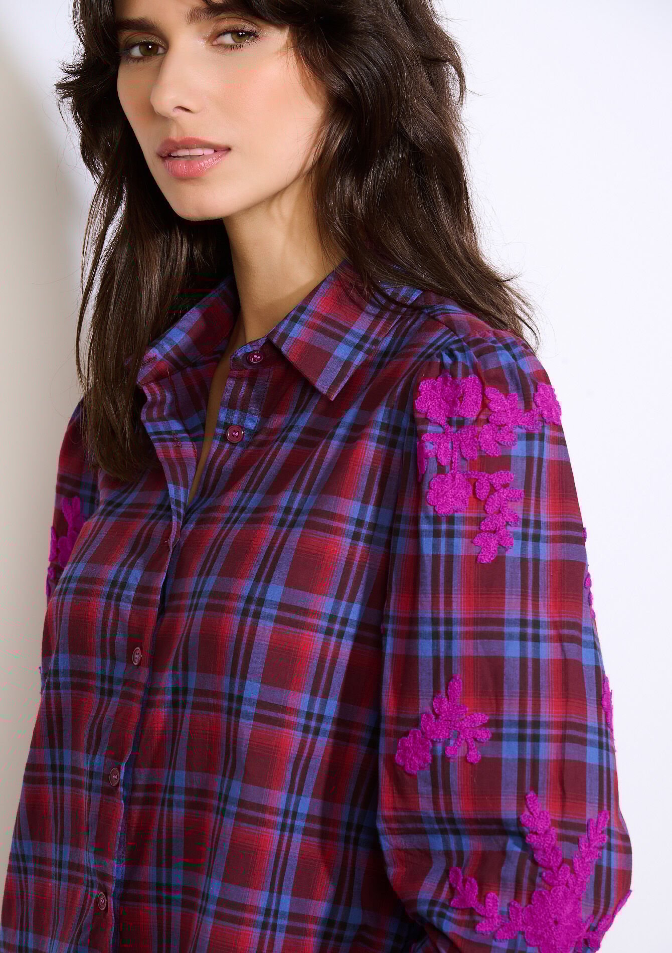 Geruite blouse met borduurwerk, Geruite blouse met borduurwerk - TURQUOISE - 05702994_1759