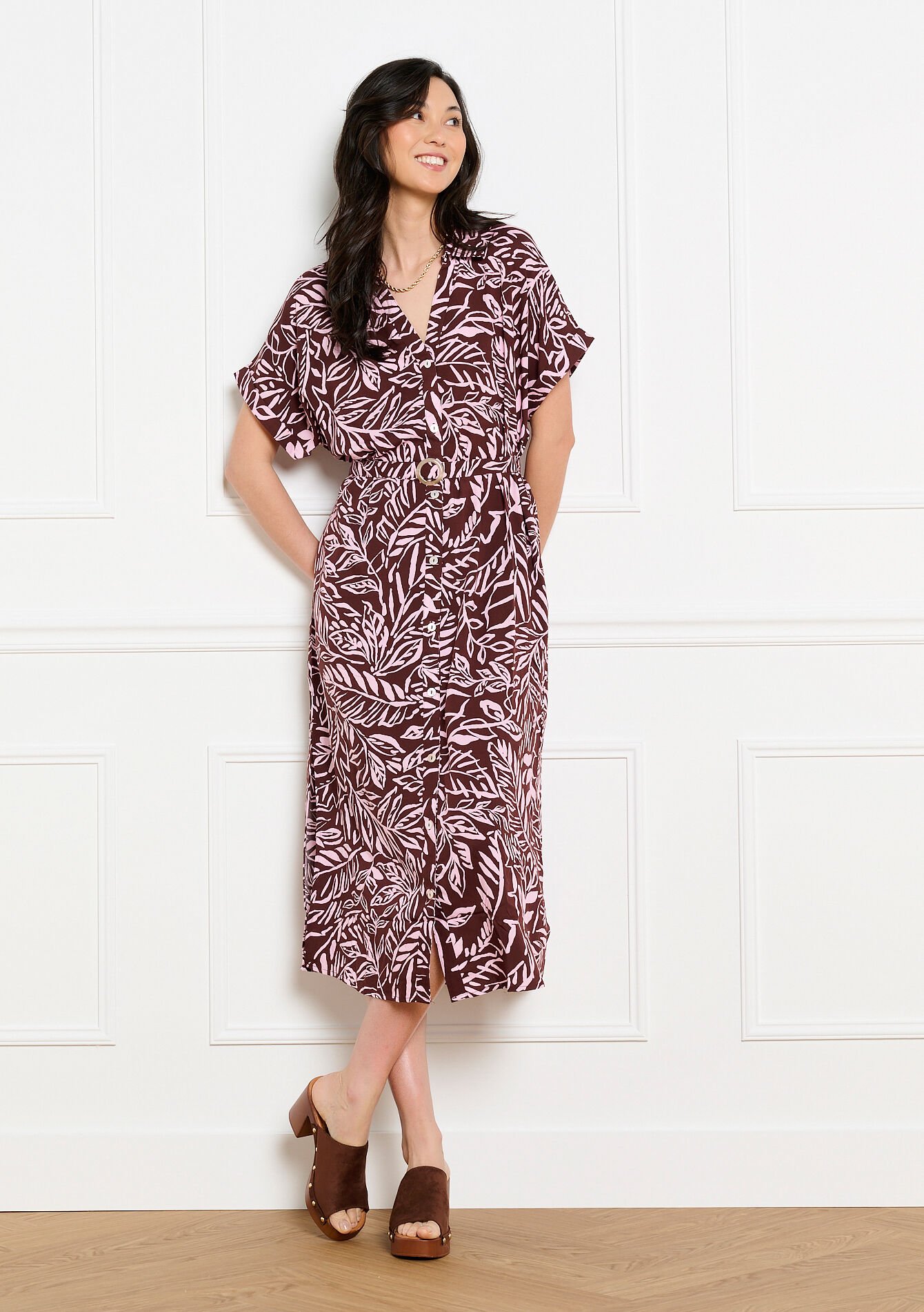 Robe chemise midi imprimée - BROWN DARK CHOCOLATE - 08104359_3720
