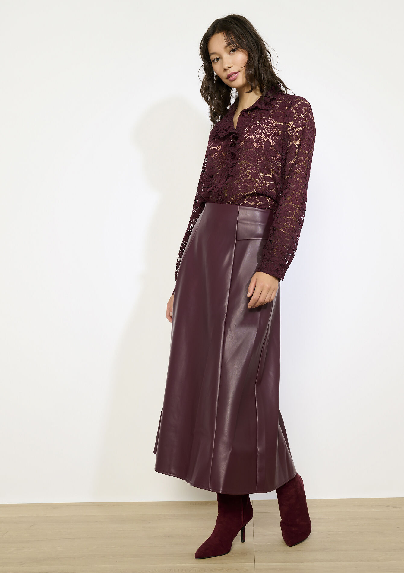 Jupe midi effet cuir - BORDEAUX WINE - 07101415_5514