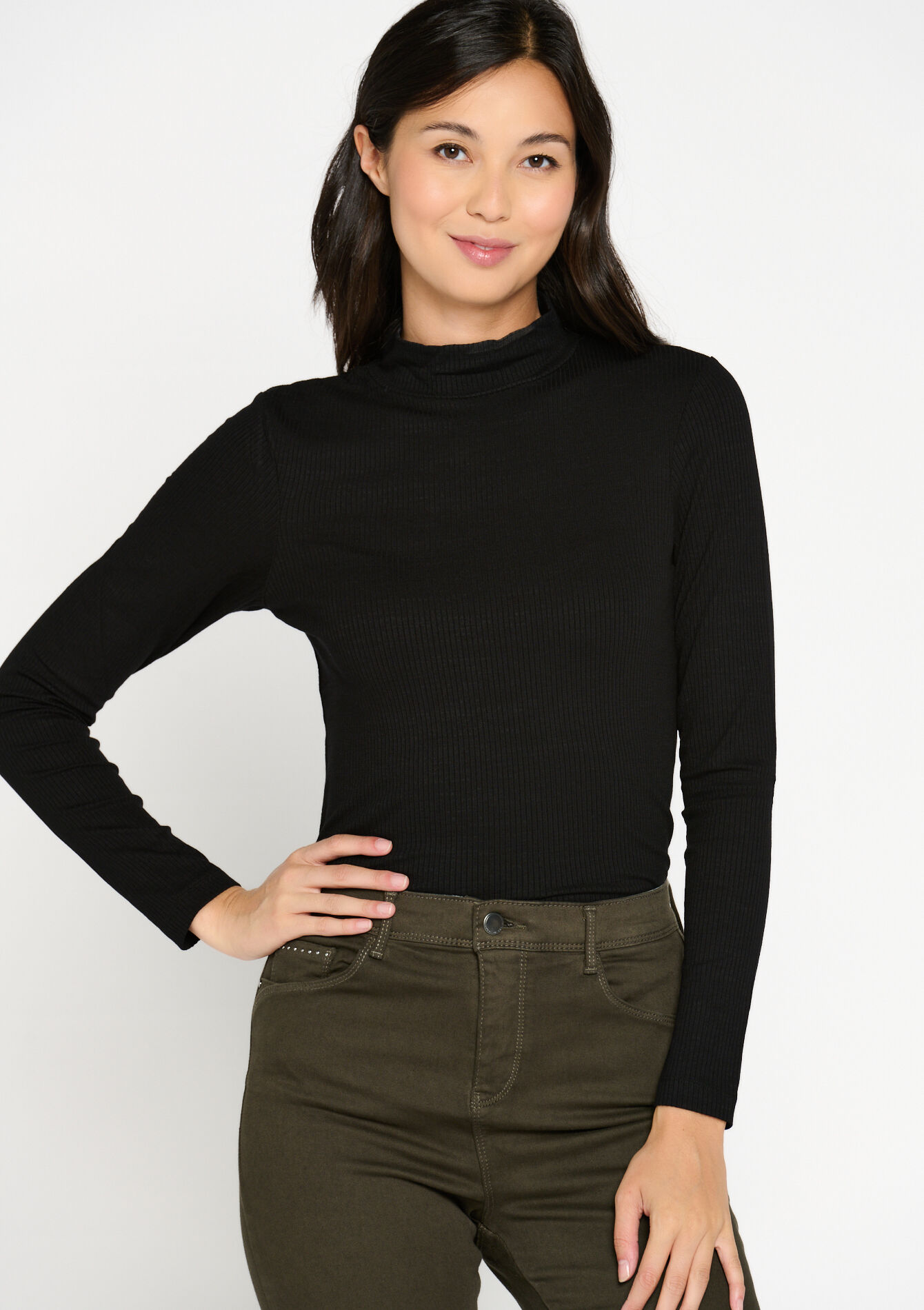 Ribbed T-shirt with collar, Ribbed T-shirt with collar - BLACK - 02400256_1119