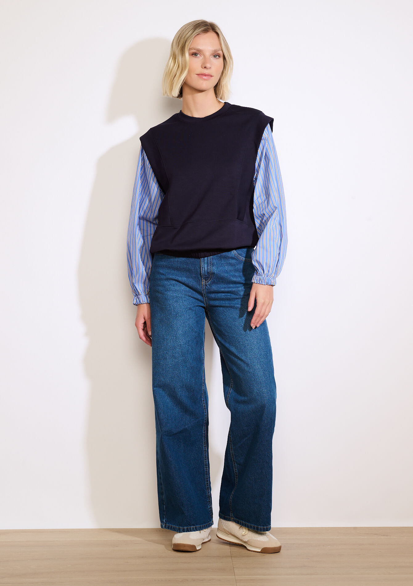 Sweat bimatière manches rayées, Sweat bimatière manches rayées - NAVY BASIC - 03001811