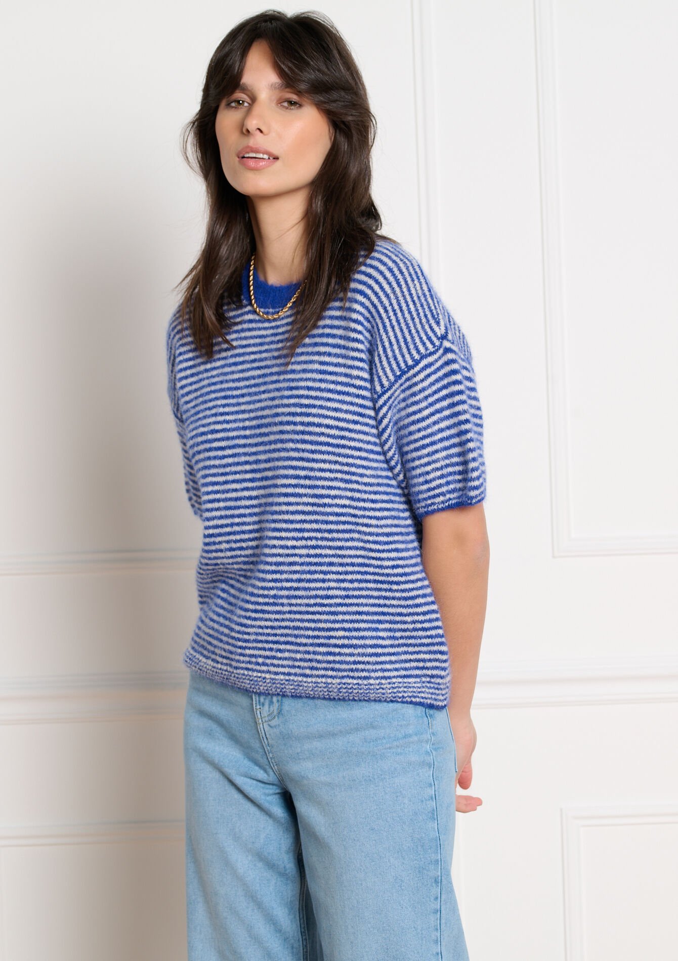 Gestreepte trui met korte mouwen - ELECTRIC BLUE - 04007224_1619