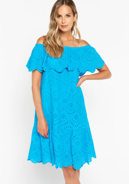 Off shoulder dress in embroidery - BLUE FAIENCE - 08103336_1584
