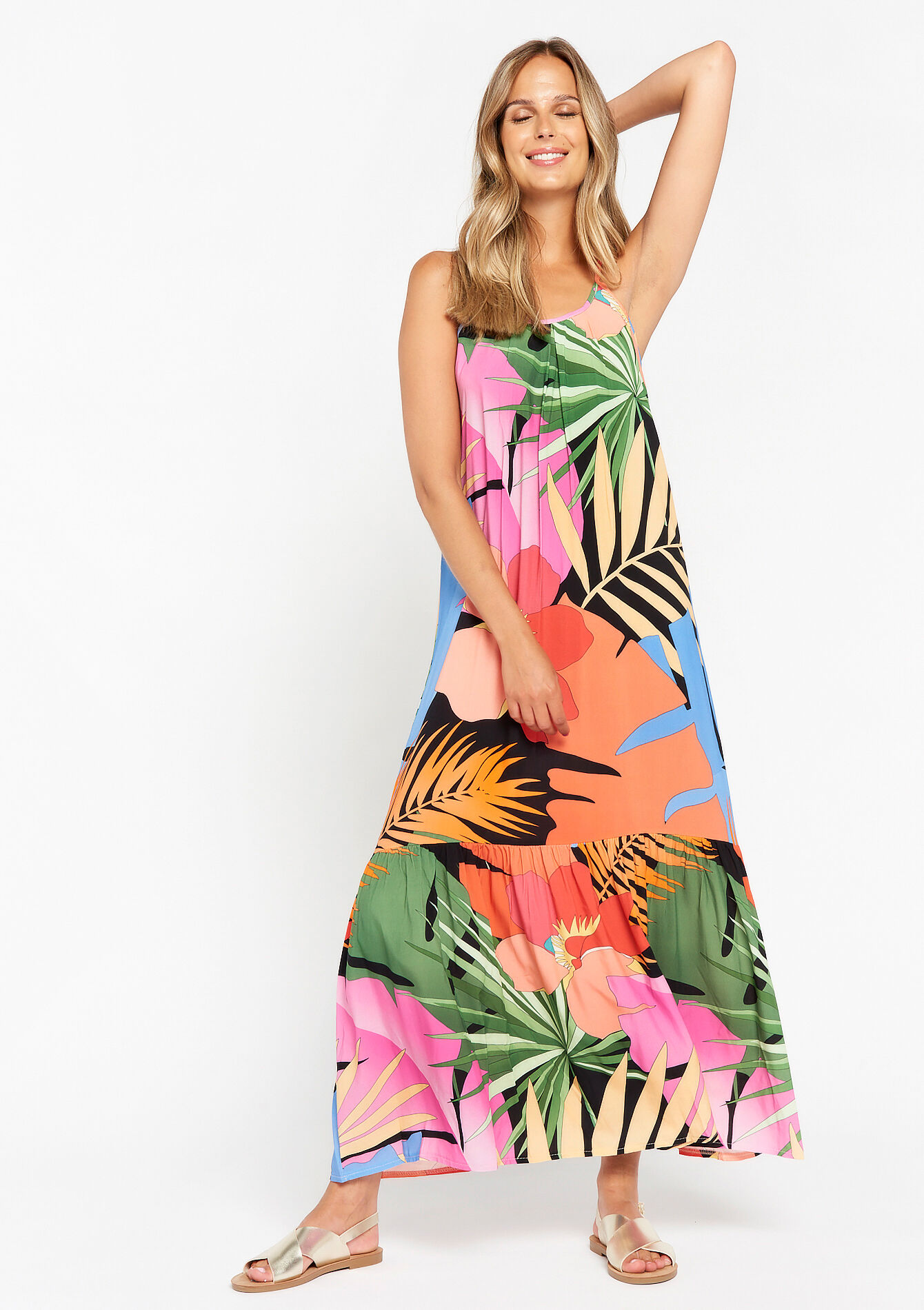A-line dress with palm leaves, A-line dress with palm leaves - ORANGE BRIGHT - 08602107_1255