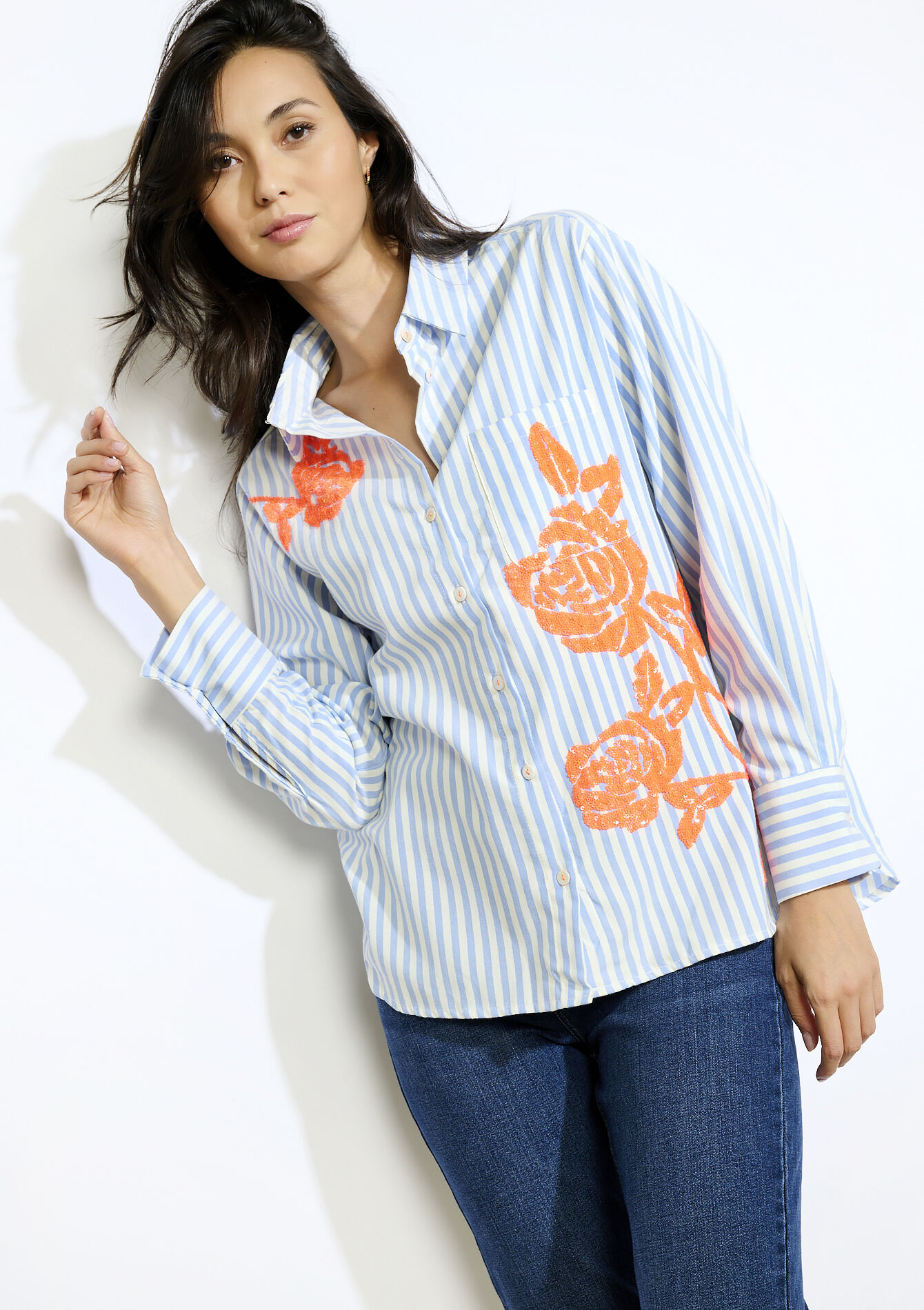 Chemise rayée brodée à sequins, Chemise rayée brodée à sequins - BLUE PASTEL - 05702903_3003