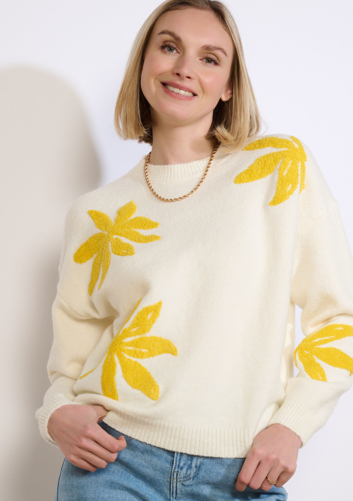 Textured floral knit sweater - VANILLA WHITE - 04007171