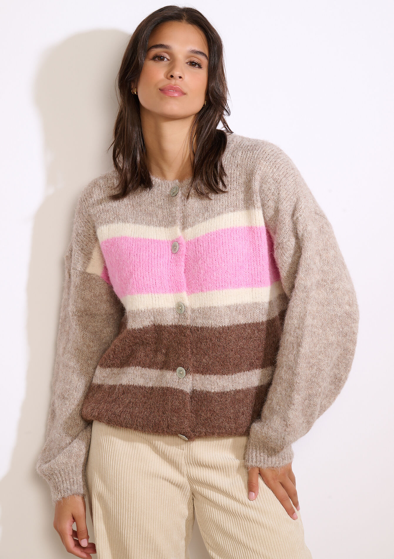 Gestreepte zachte vest, Gestreepte zachte vest - TAUPE - 04101376_1021