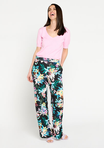 Wide trousers with tropical print - BLACK - 06600746_1119