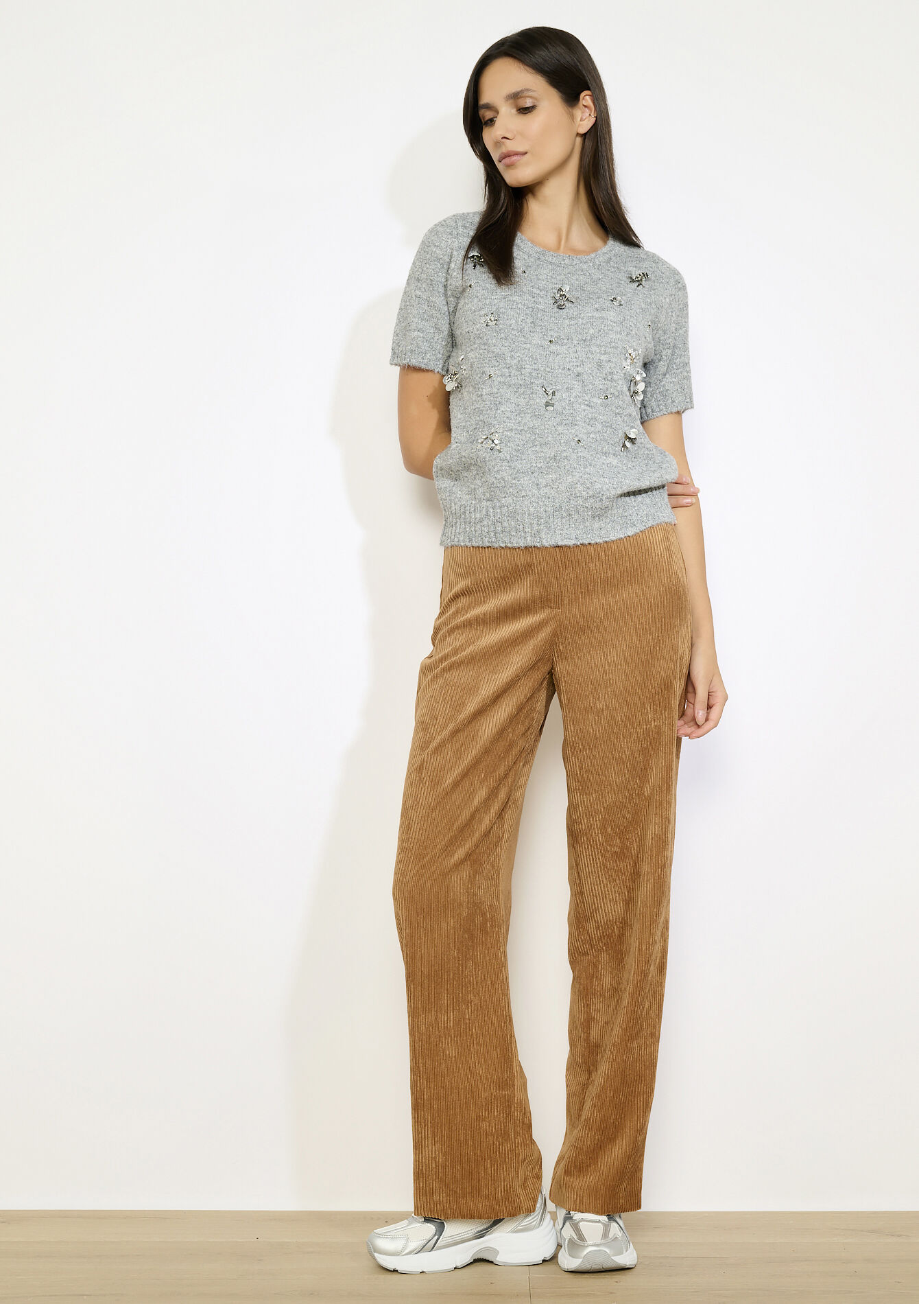 Gebreide top met sierstenen, Gebreide top met sierstenen - LT GREY MEL - 04006934_1081