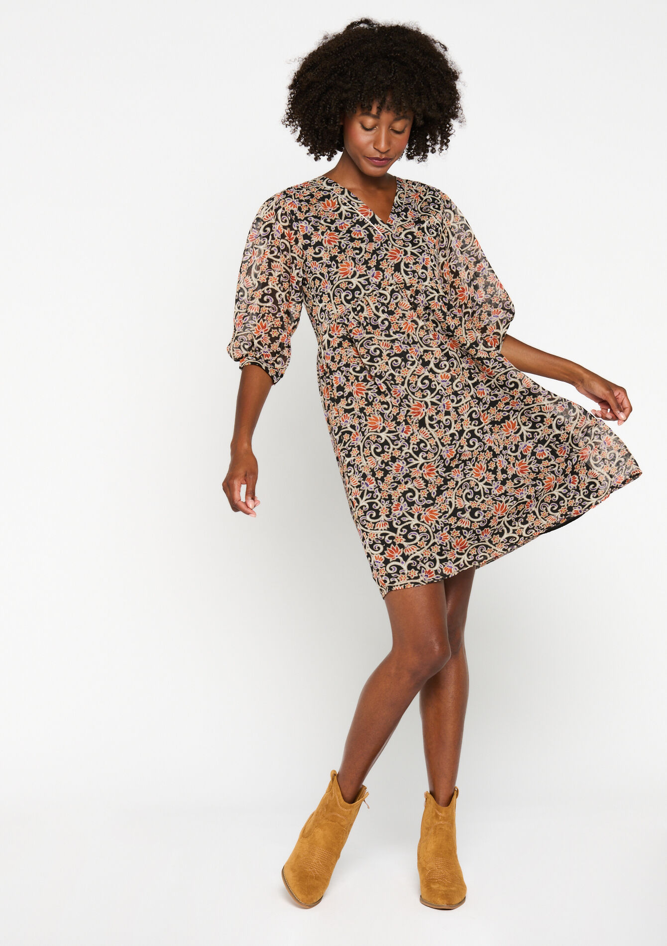 Robe babydoll à imprimé fleuri indien, Robe babydoll à imprimé fleuri indien - BLACK - 08103373_1119