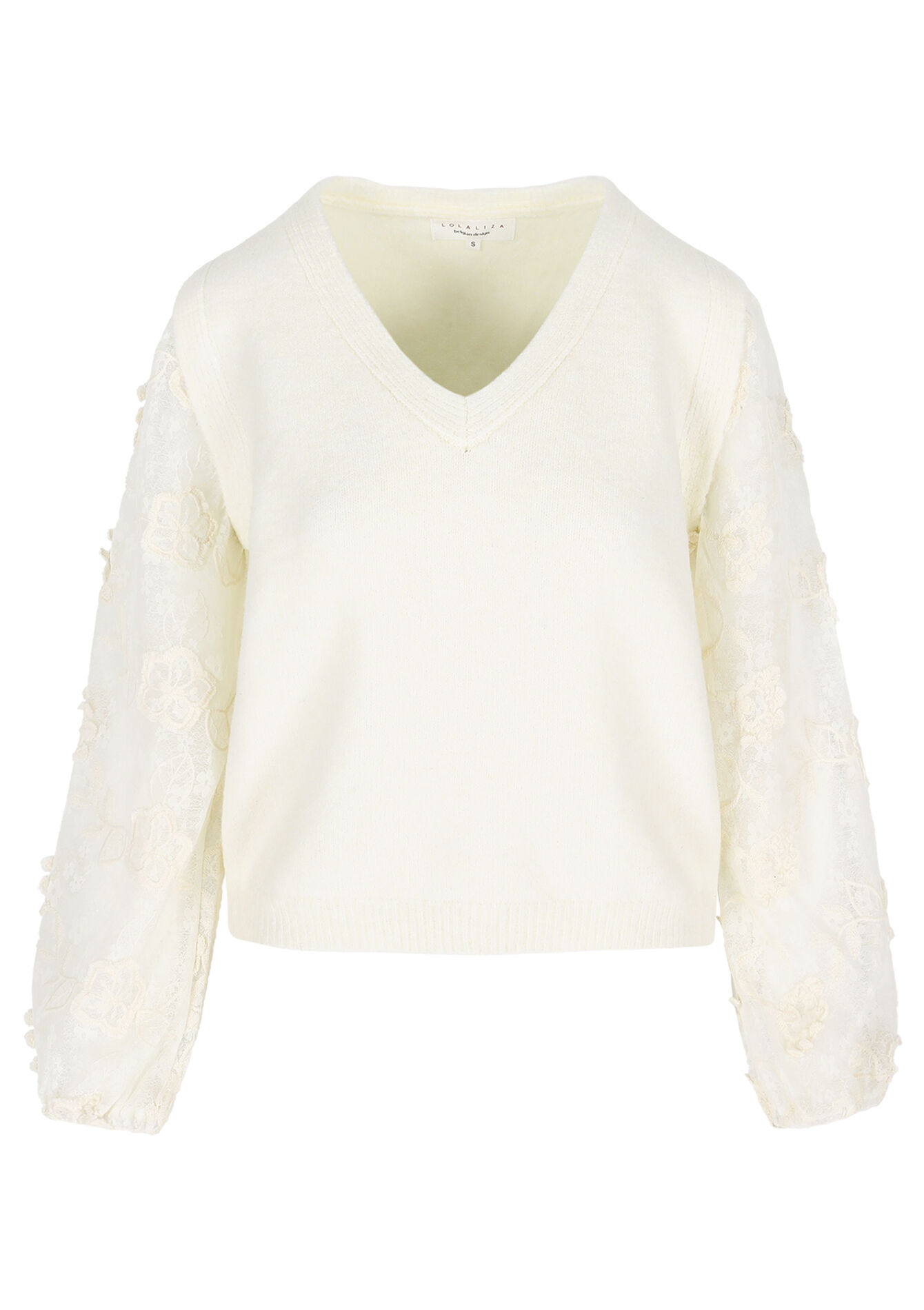 V-hals trui met kanten mouwen - VANILLA WHITE - 04006976_1013