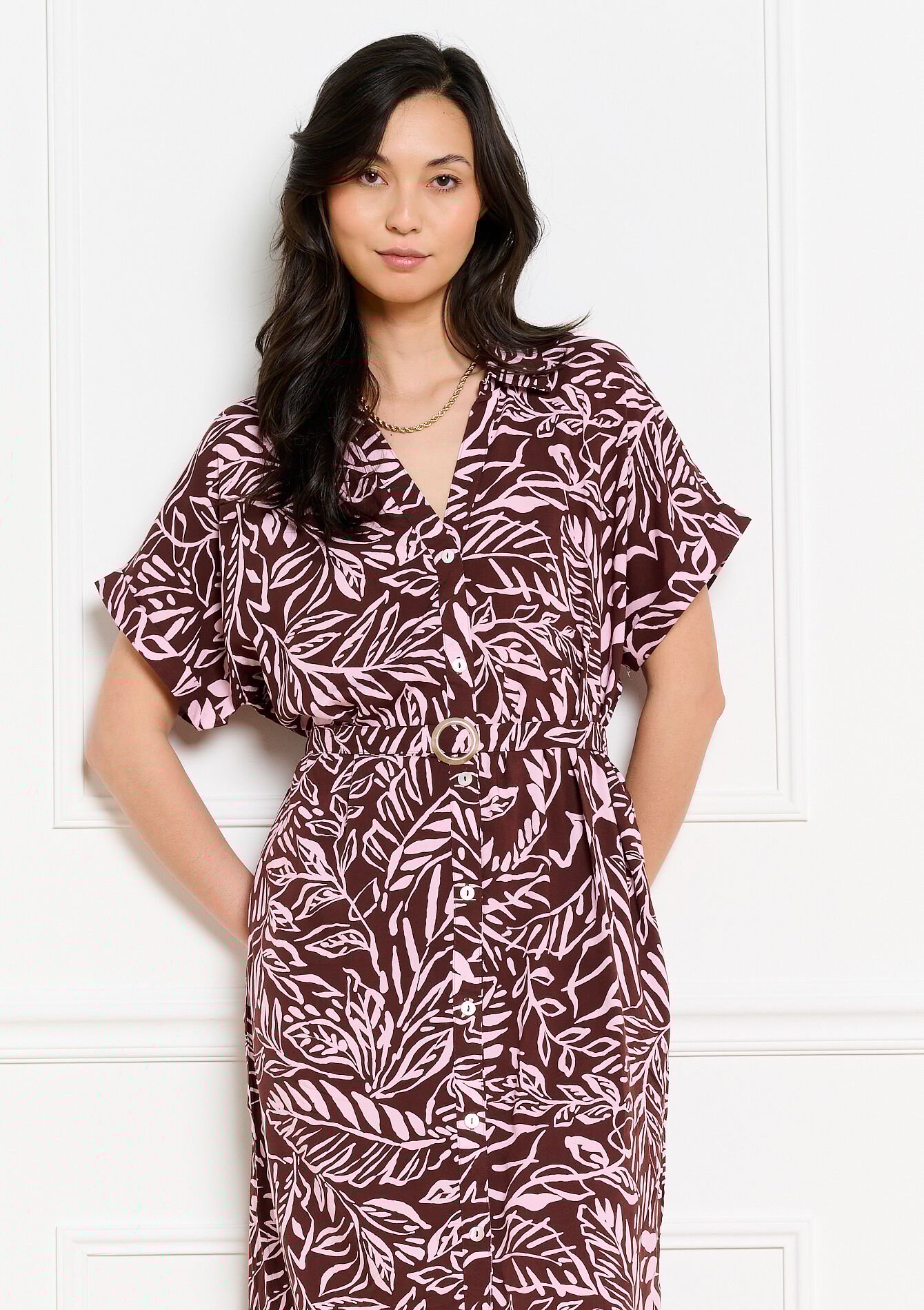 Robe chemise midi imprimée - BROWN DARK CHOCOLATE - 08104359_3720