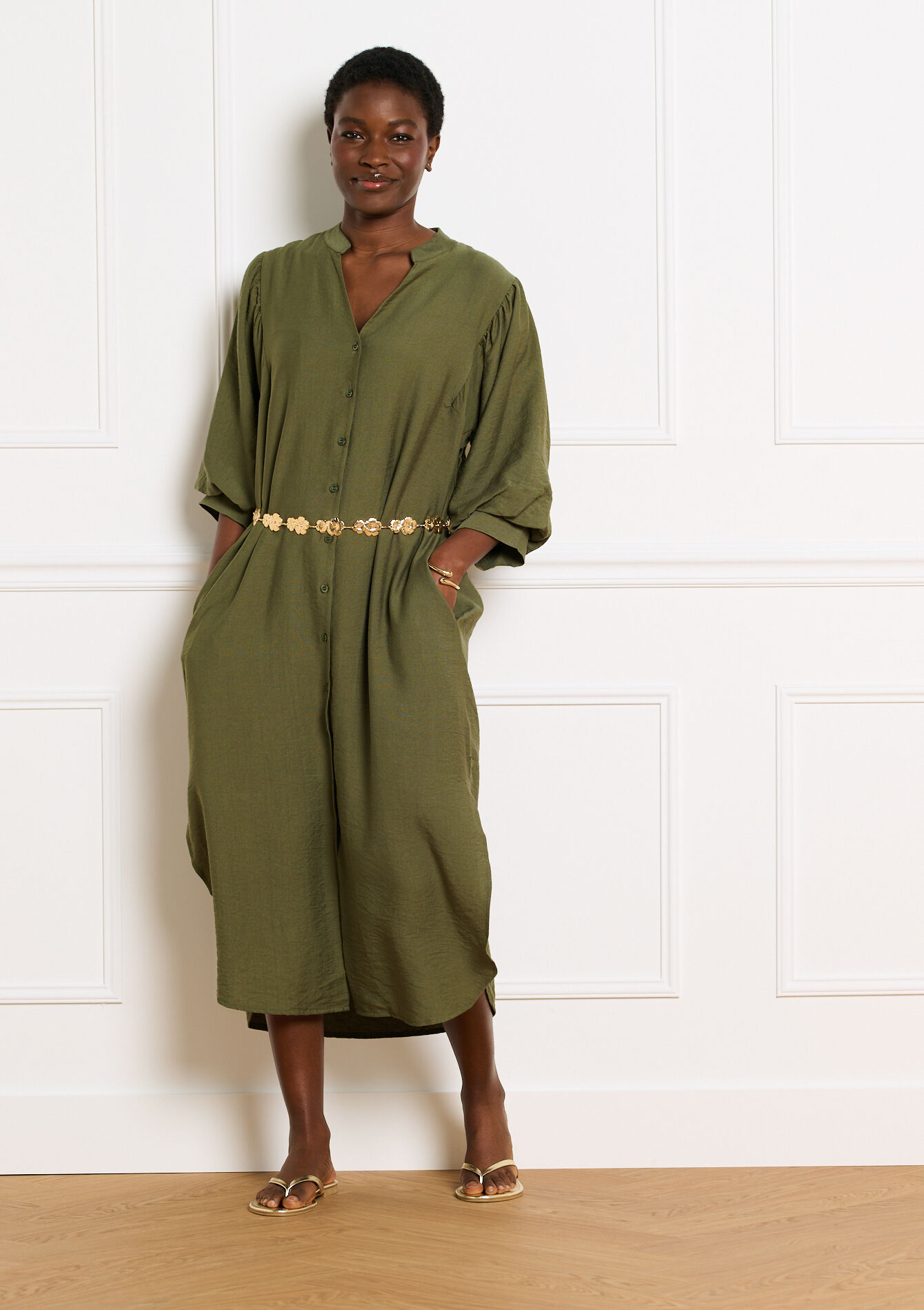 Vloeiende midi overhemdjurk, Vloeiende midi overhemdjurk, , back