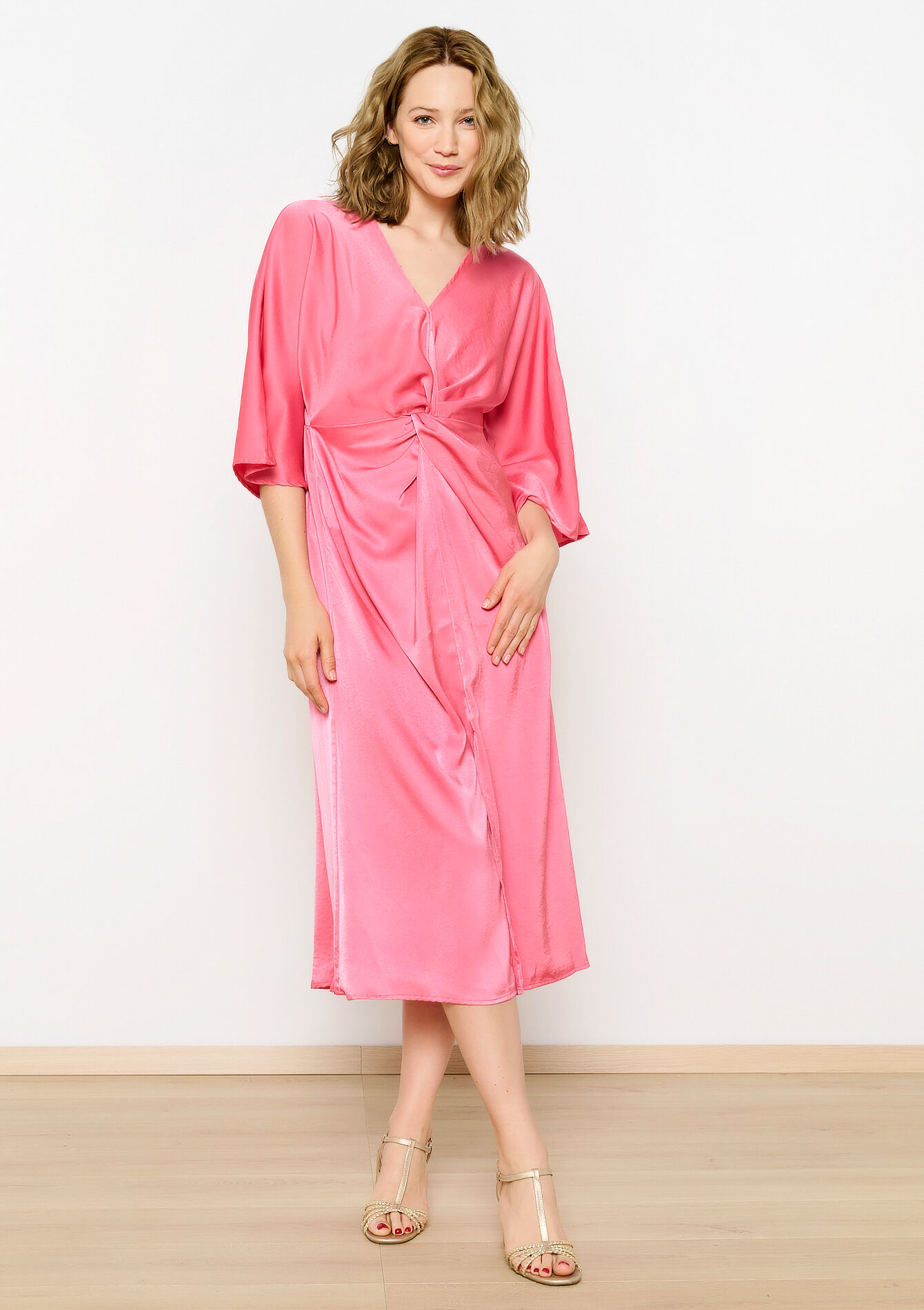 Satin midi dress with knot, Satin midi dress with knot - CORAL PINK - 08103655_1968