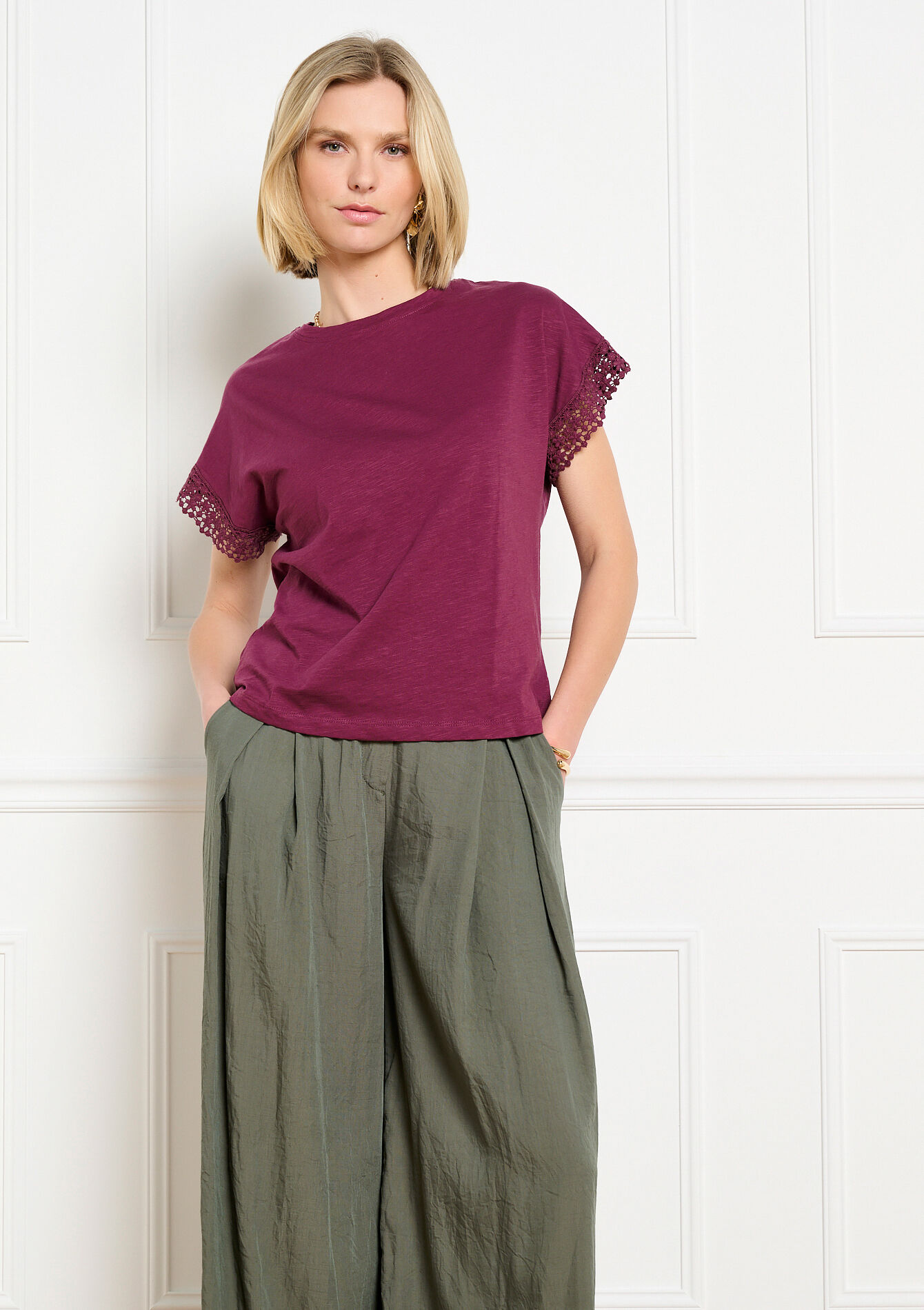 T-shirt met kanten mouwen - AUBERGINE - 02301939_1537