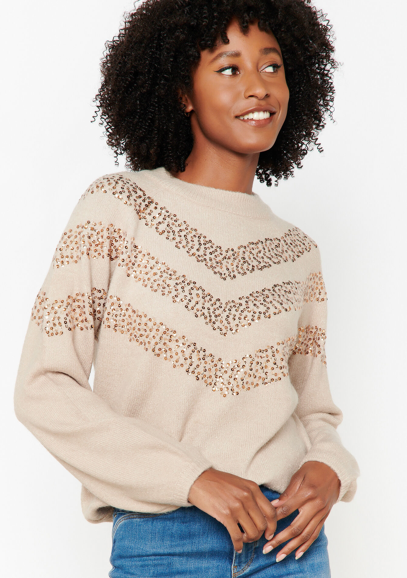 Pullover with mossy yarn and pailettes - LT BEIGE - 04006159_2527