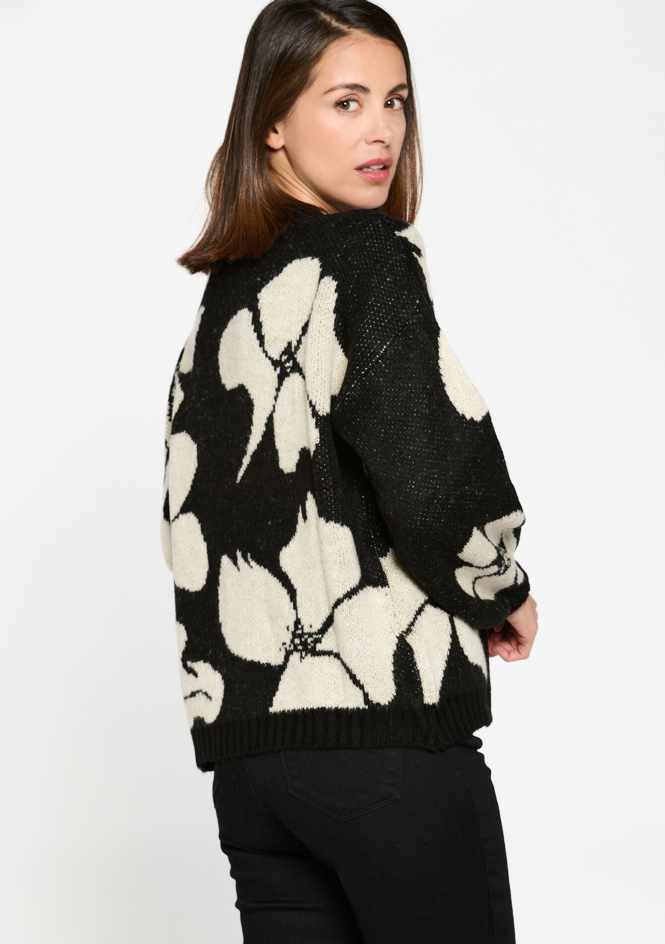 Jacquard pullover with floral print, Jacquard pullover with floral print - BLACK - 04006342_1119