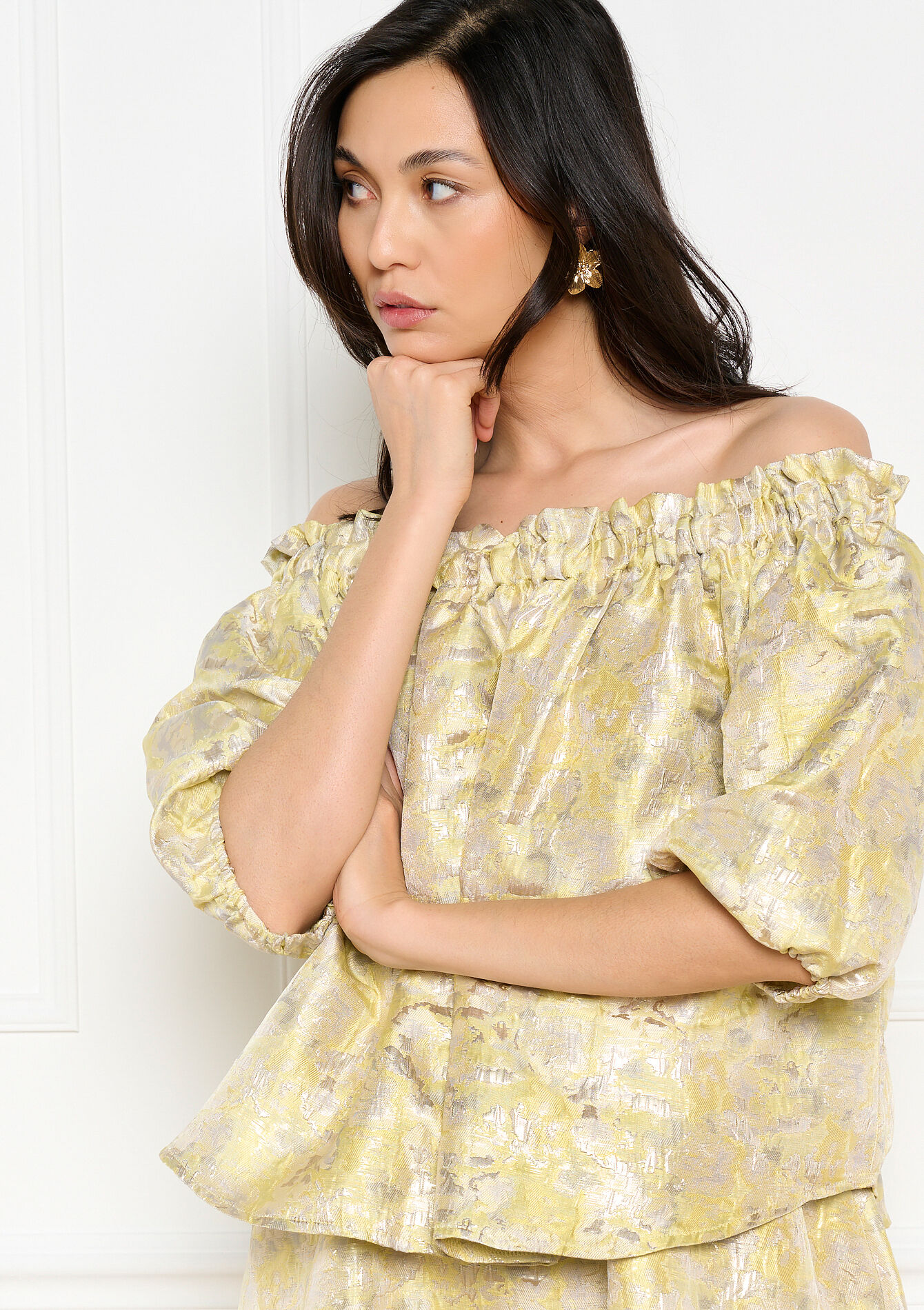 Blouse épaules dénudées jacquard - YELLOW PASTEL - 05703053_5004