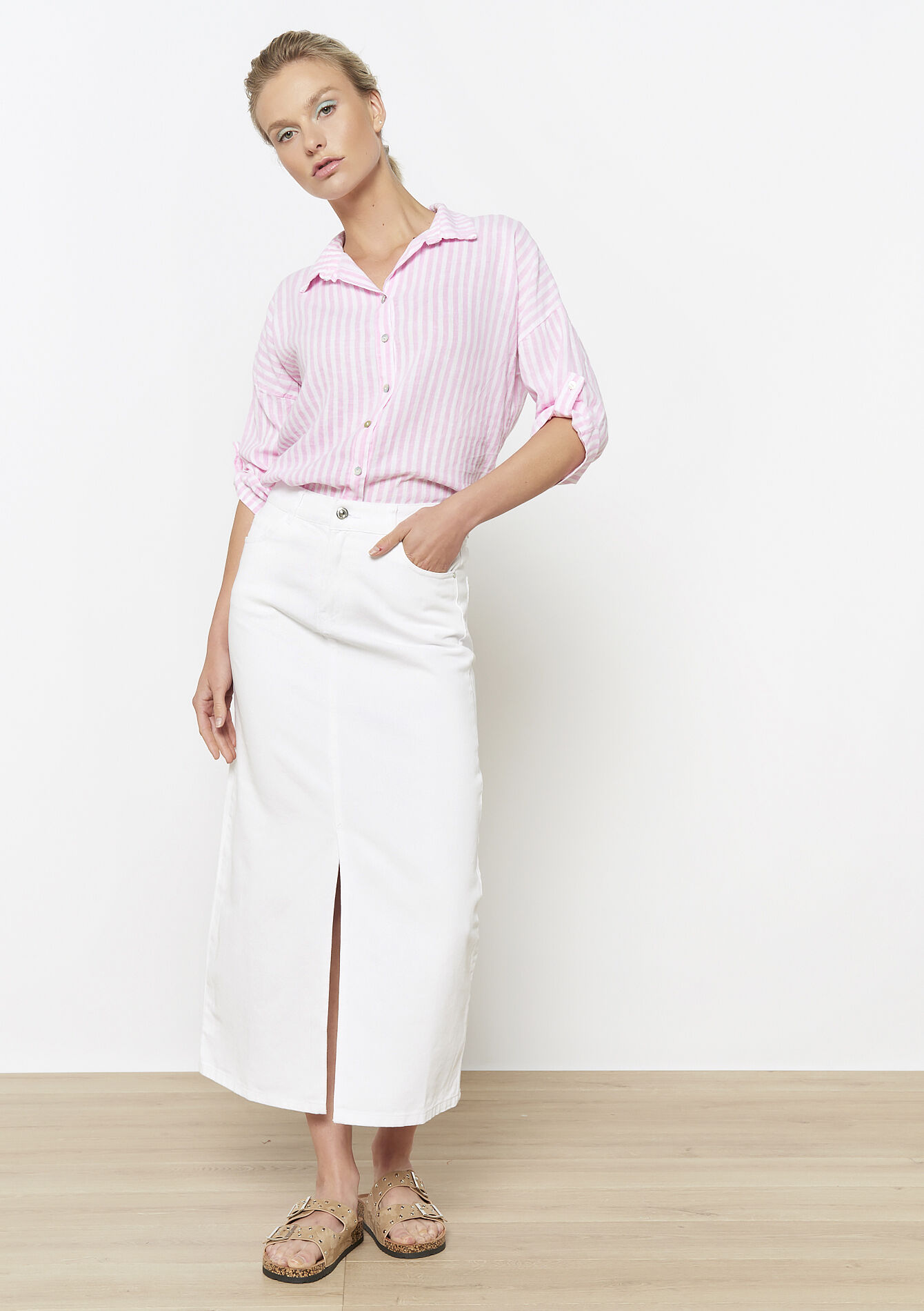 Jupe midi fendue en denim - OPTICAL WHITE - 07101375