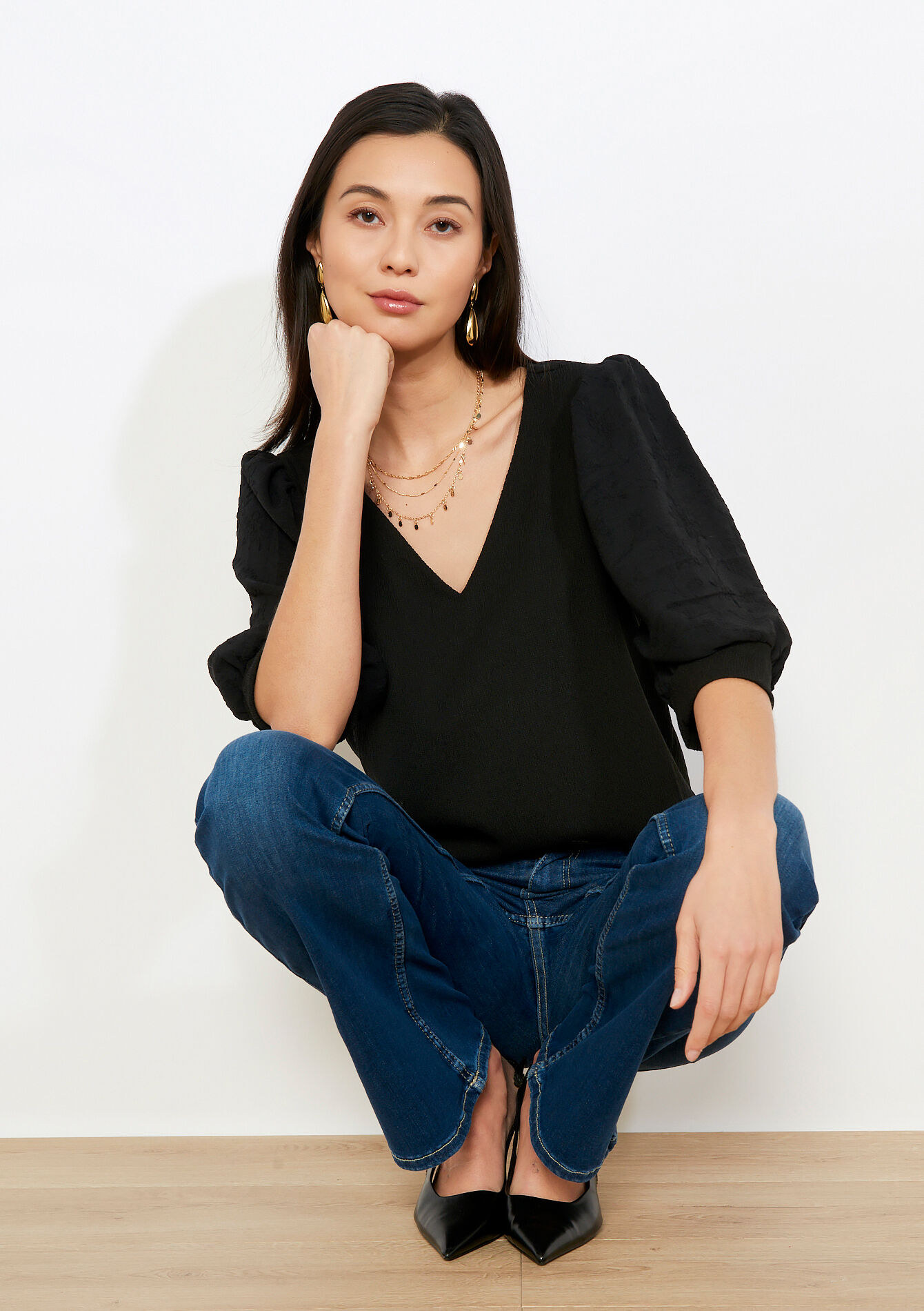 Puff sleeve wrap top - BLACK - 02301994_1119