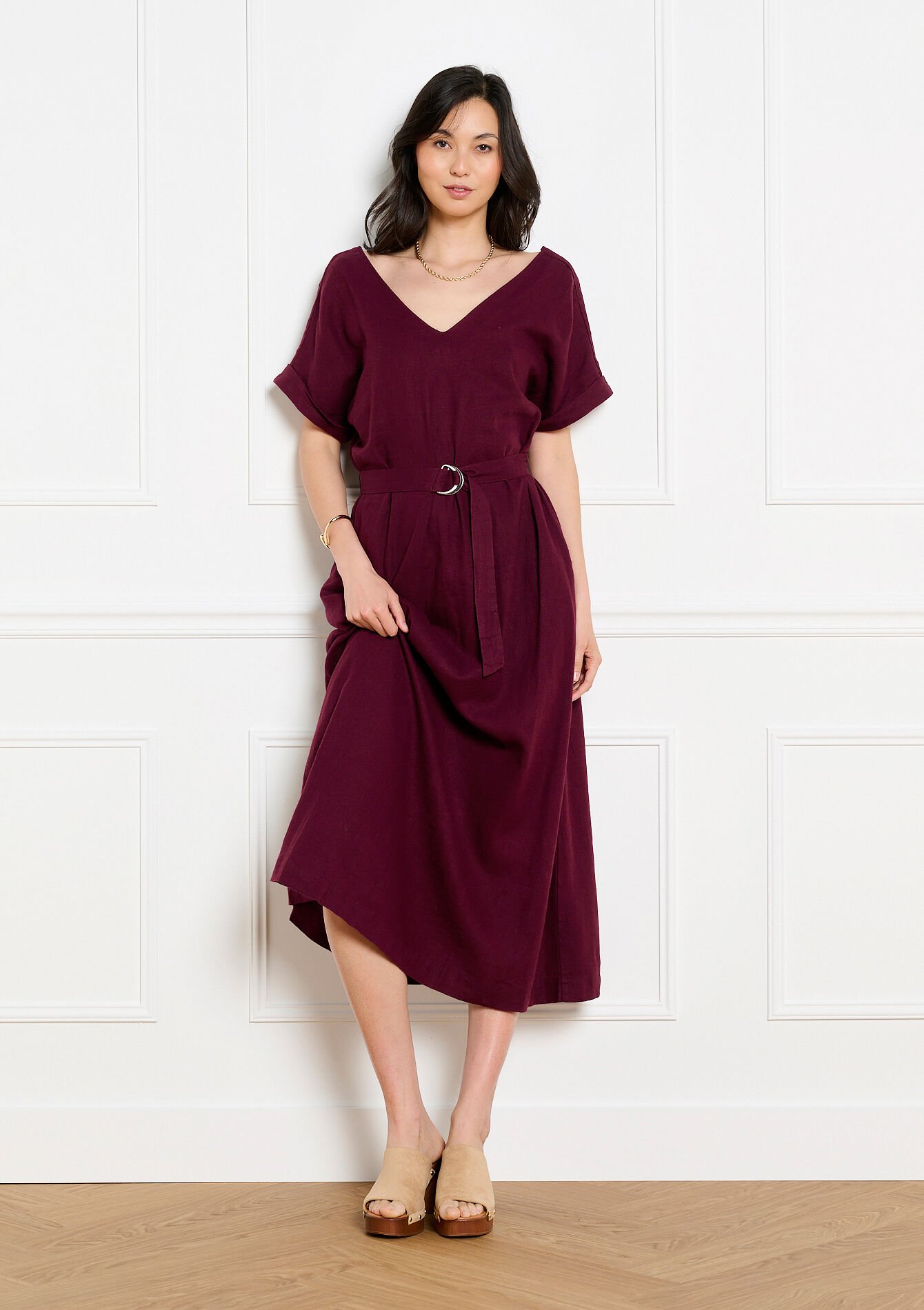Robe midi ceinturée fluide - AUBERGINE - 08104332_1537