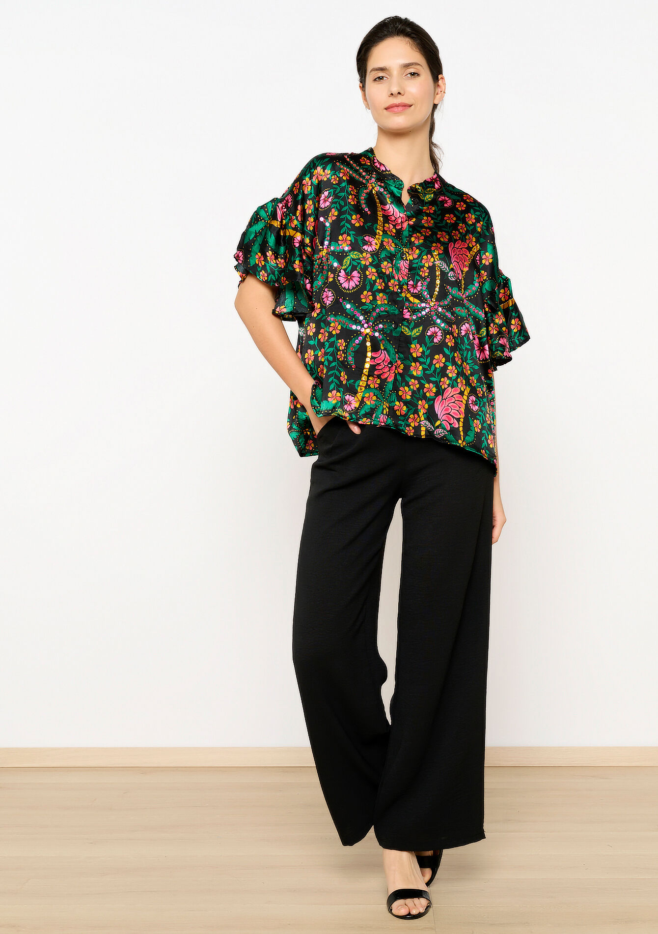 Blouse met tropische print en pailletten, Blouse met tropische print en pailletten - BLACK - 05702444_1119