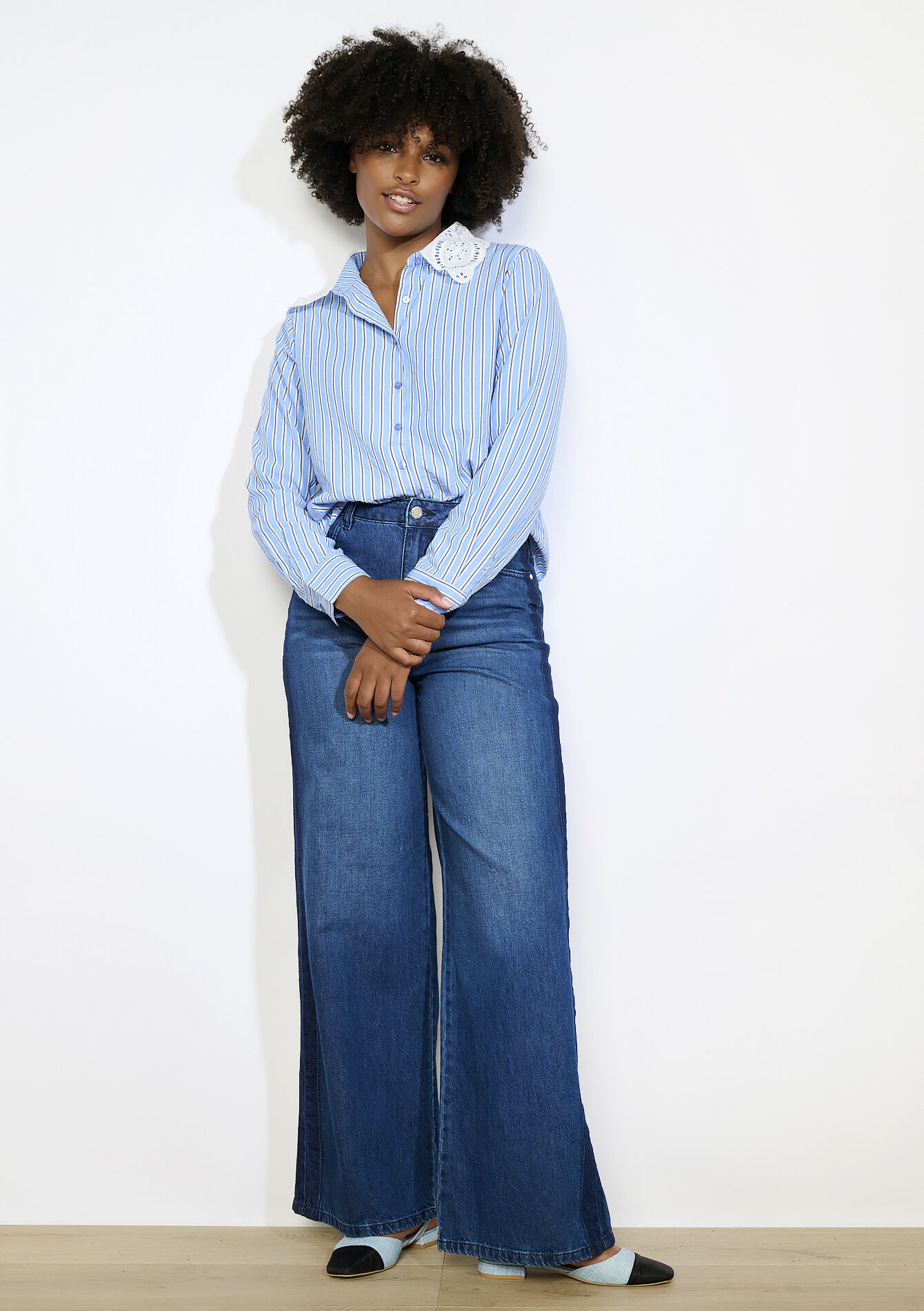 Gestreept hemd met macramékraag - BLUE PASTEL - 05702872_3003