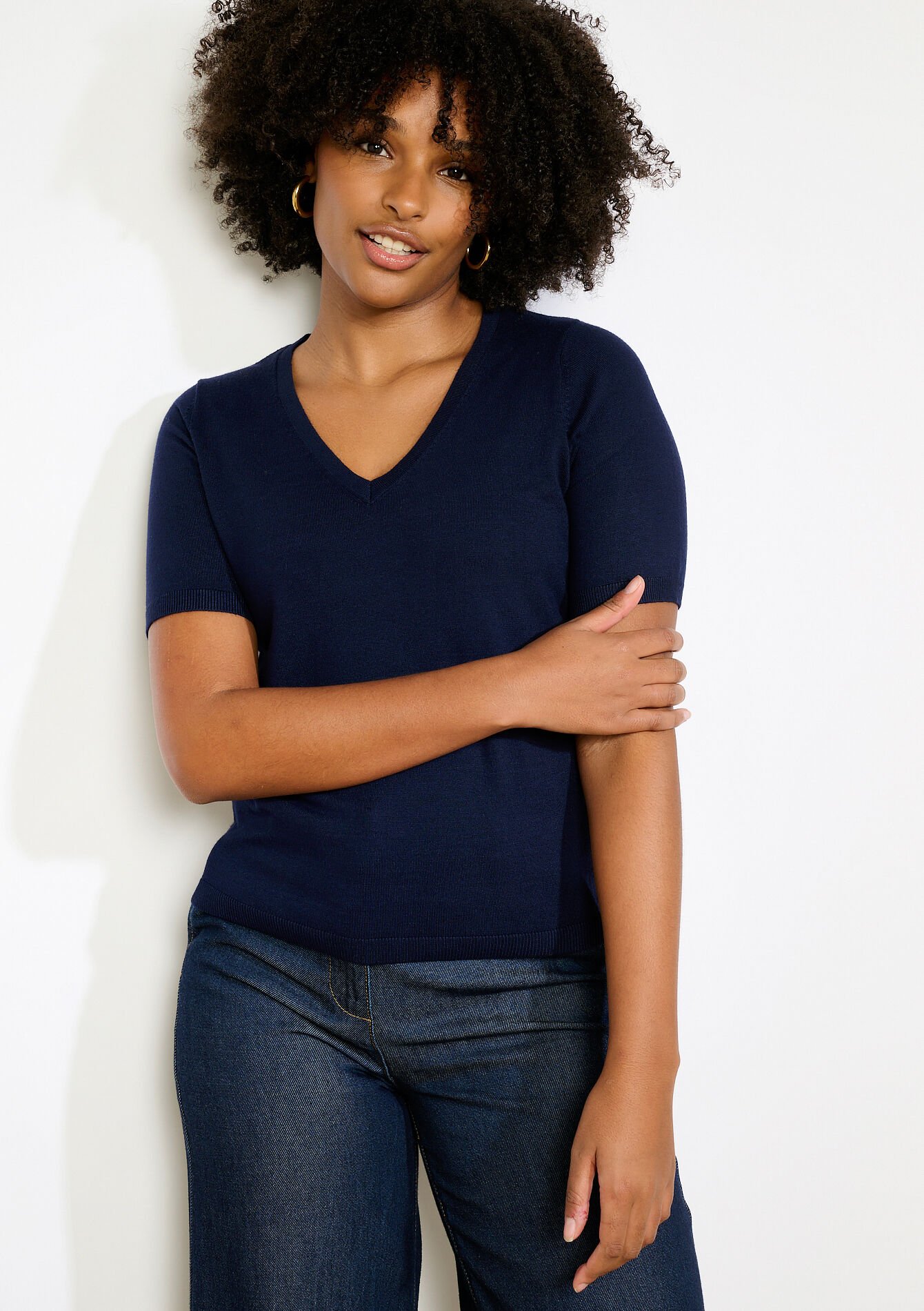 Pull col V manches courtes - NAVY BASIC - 04007025_2723