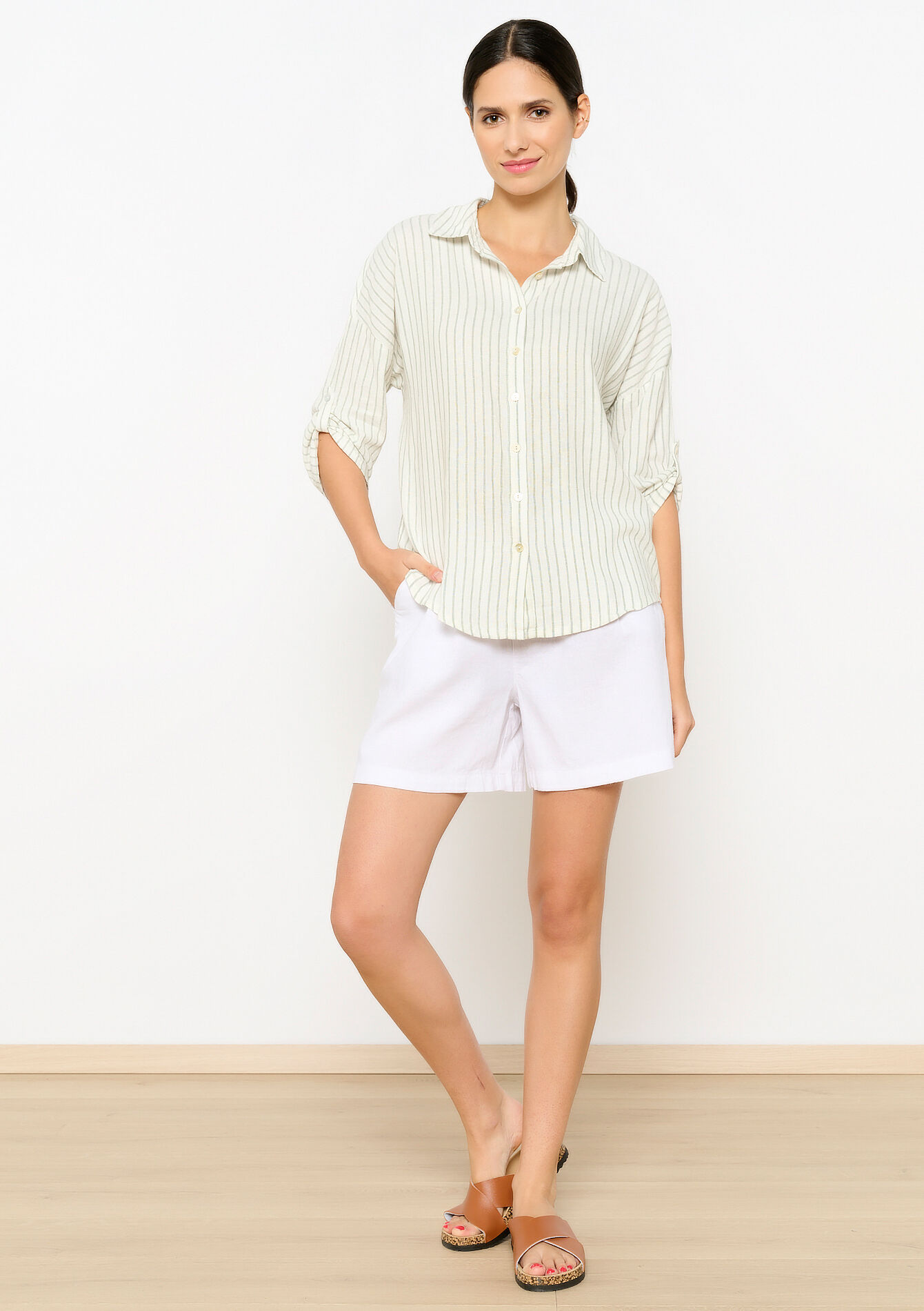 Linnen hemd met streepjes, Linnen hemd met streepjes - KHAKI FADED - 05702570_4326