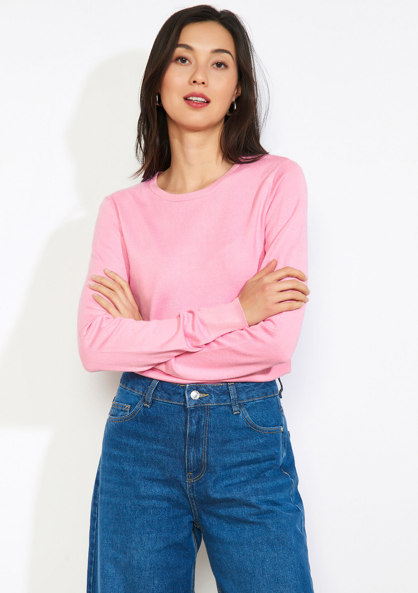 Fijne ronde hals trui - PINK BUBBLEGUM - 04007019_1477