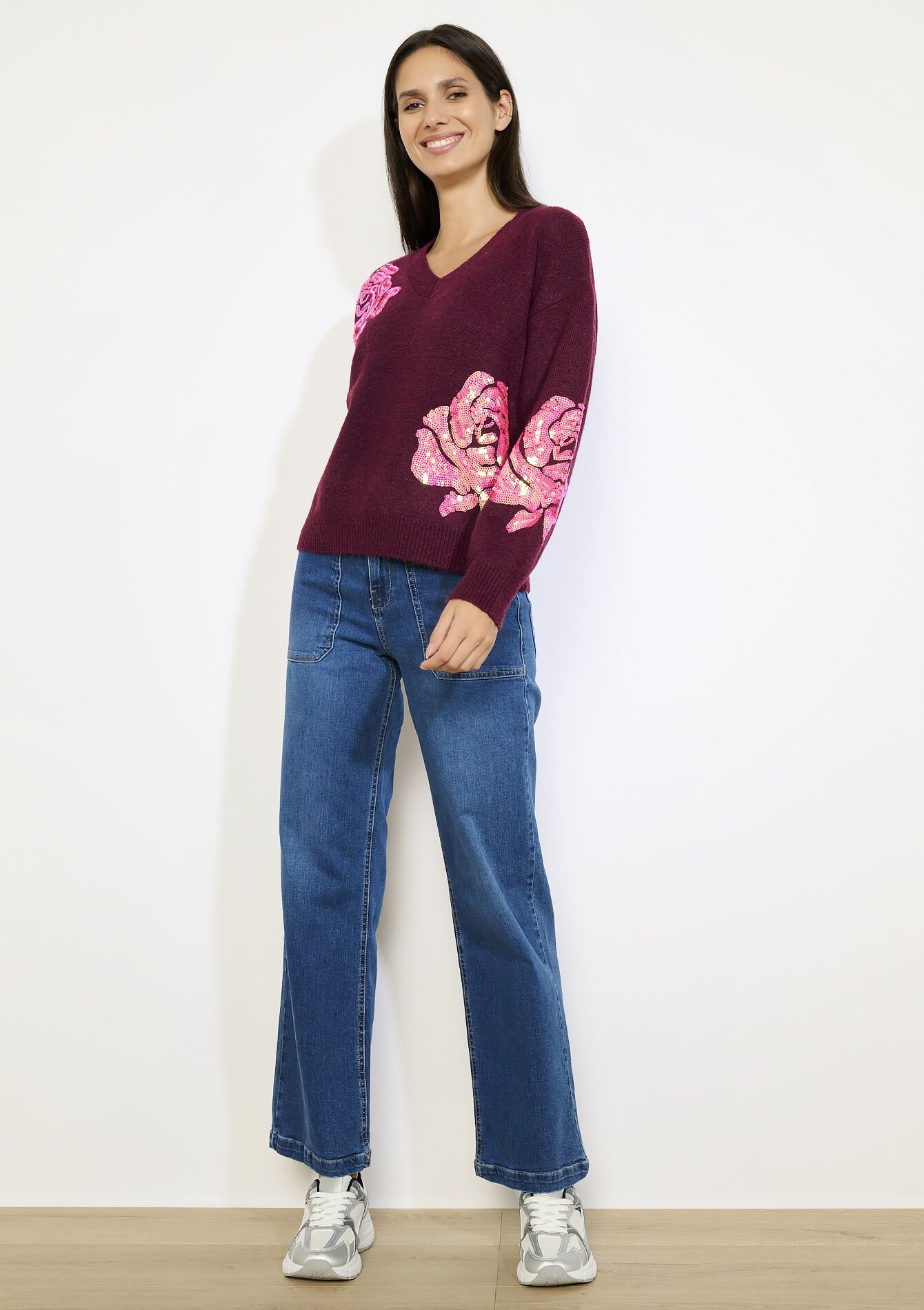 V-neck floral knit, V-neck floral knit - BORDEAUX WINE - 04006984_5514
