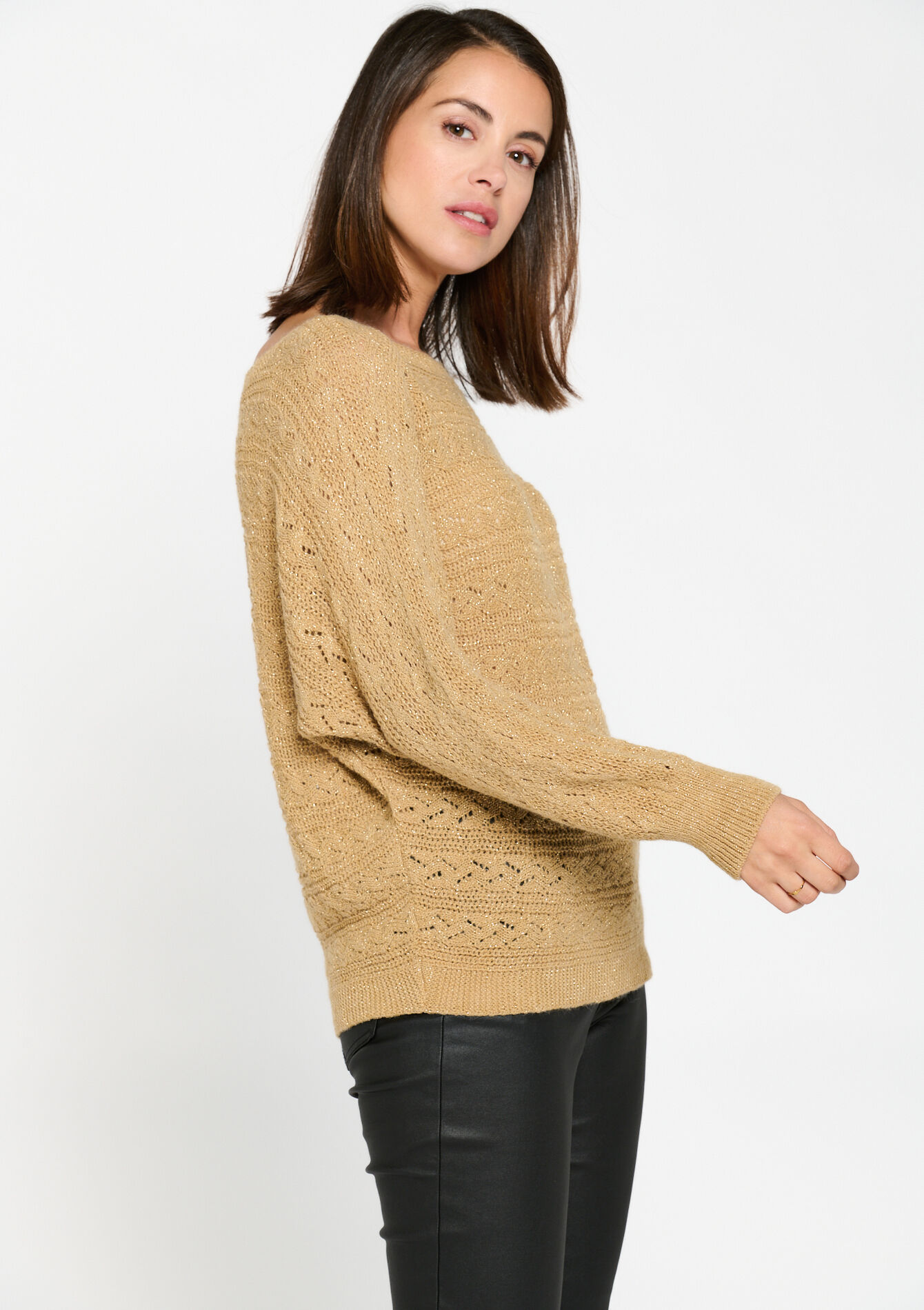 Opengewerkte trui met lurex, Opengewerkte trui met lurex - LIGHT CAMEL - 04006348_3814