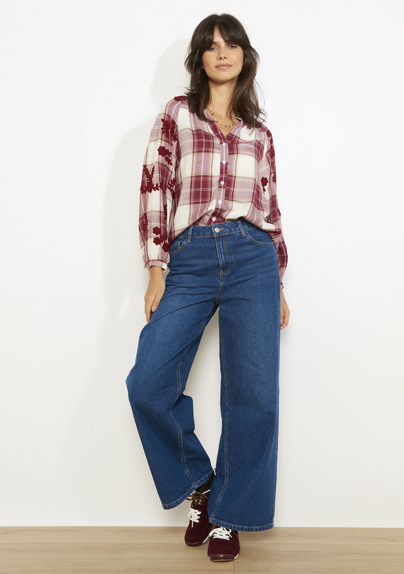 Geborduurde vichyblouse - OPTICAL WHITE - 05702999_1019