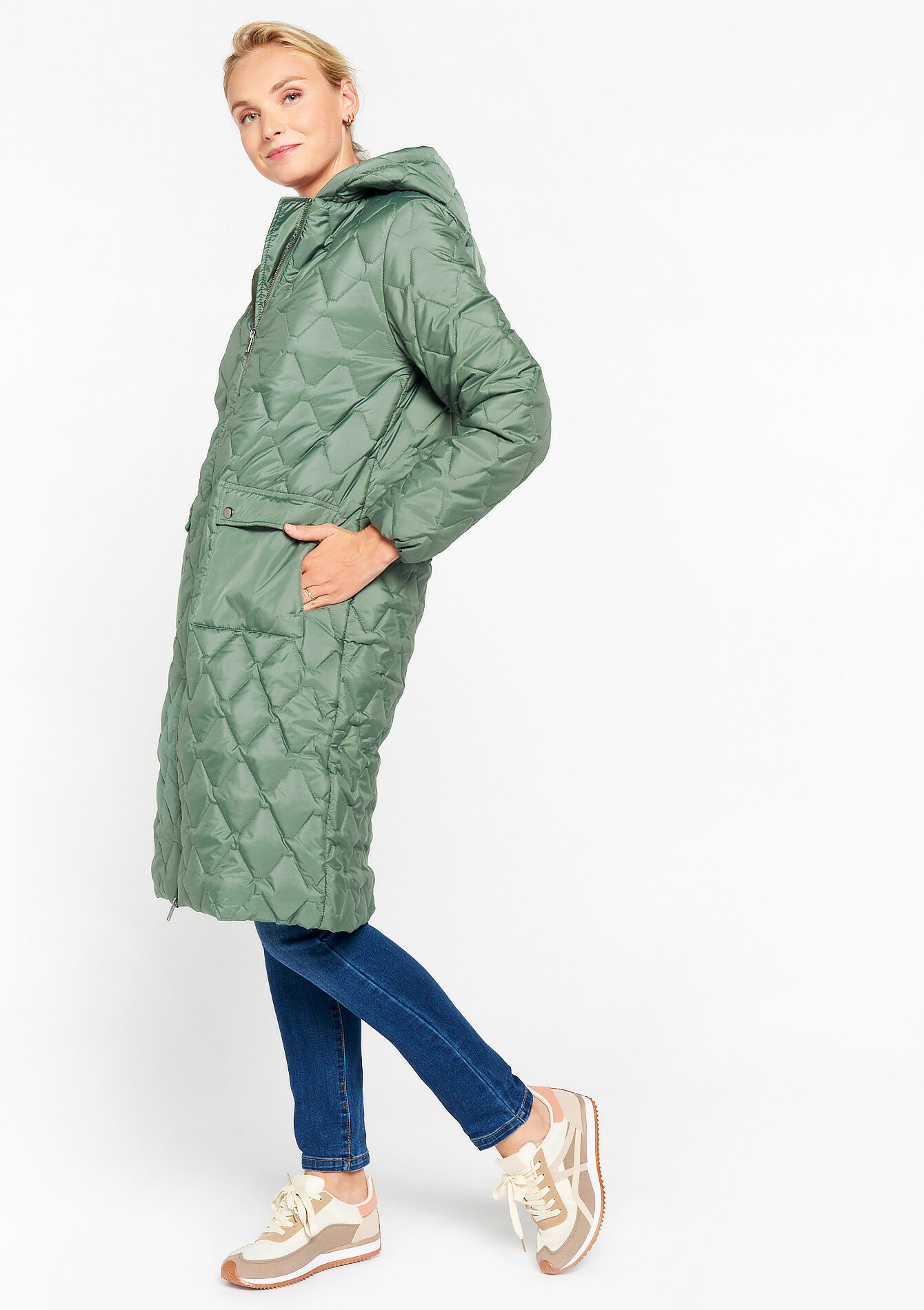Long quilted jacket, Long quilted jacket - GREEN MOSS - 23000593_4504