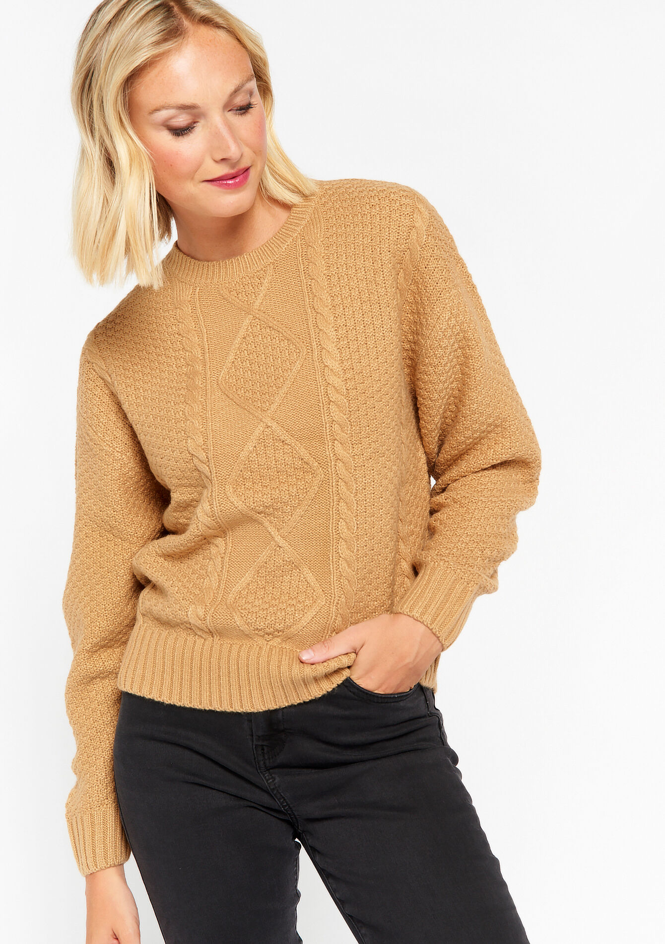 Cable-knit pullover, Cable-knit pullover - LIGHT CAMEL - 04006147_3814