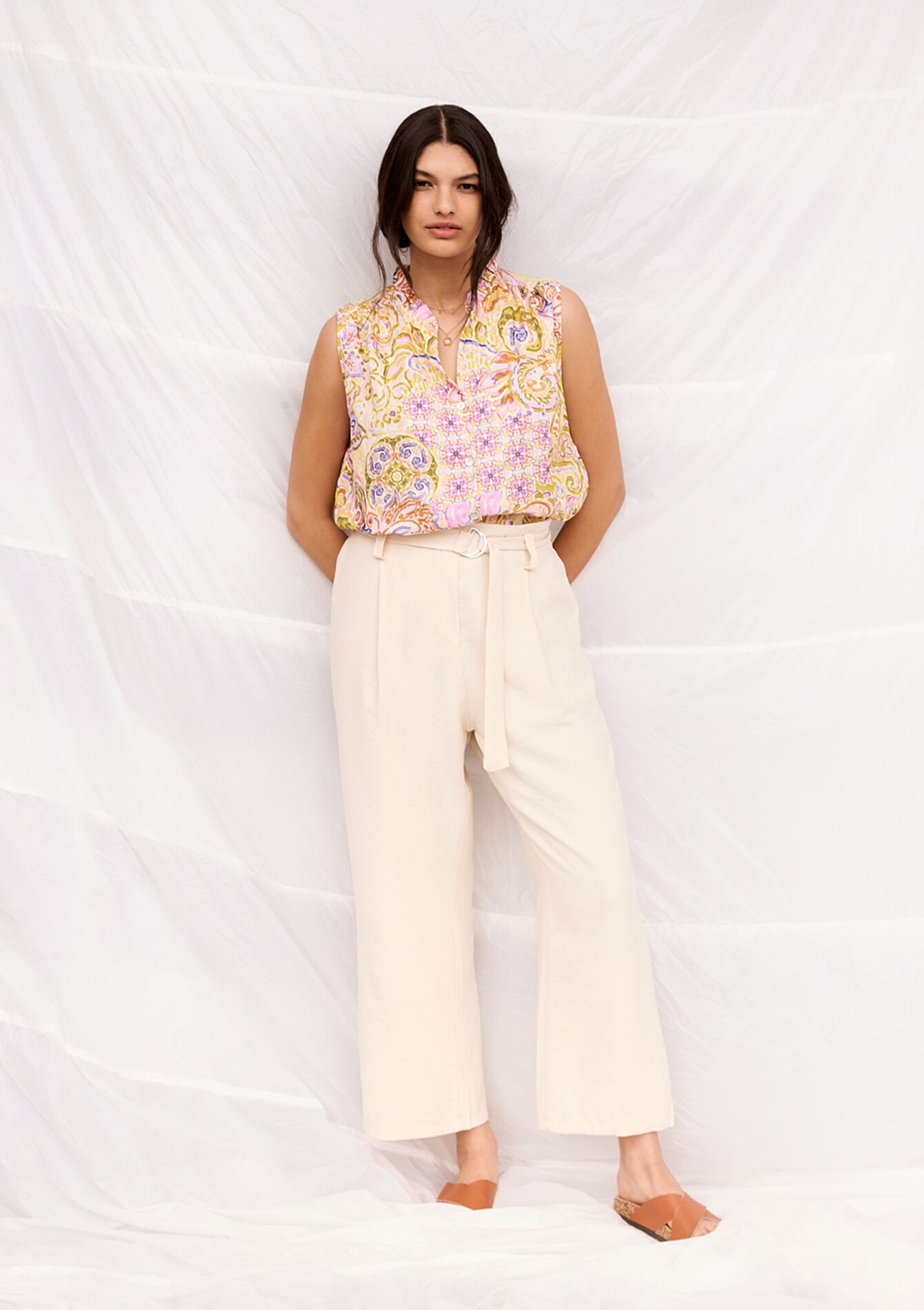 Pantalon aspect lin, Pantalon aspect lin - VANILLA WHITE - 06600836_1013