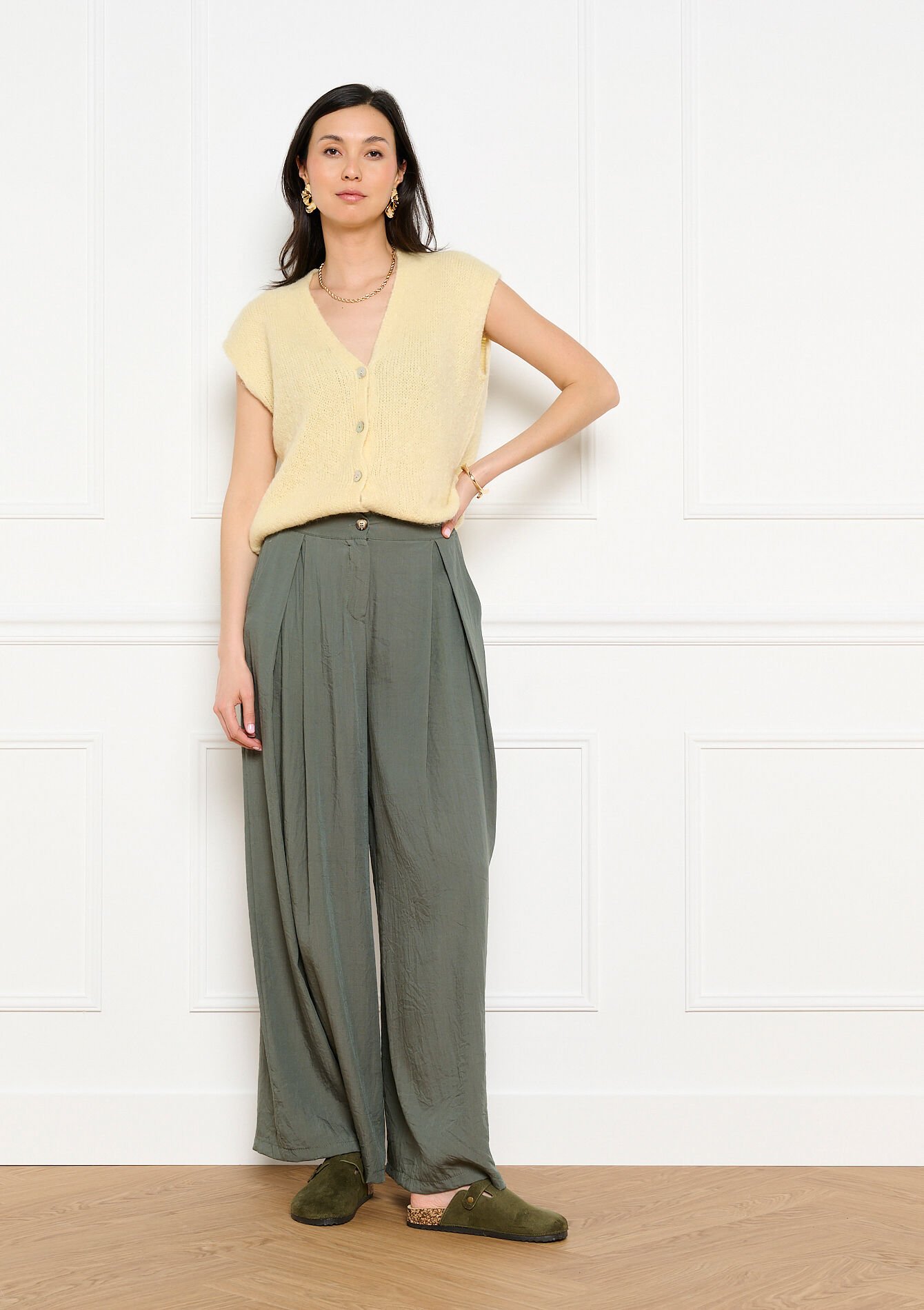 Wijde soepelvallende broek, , back