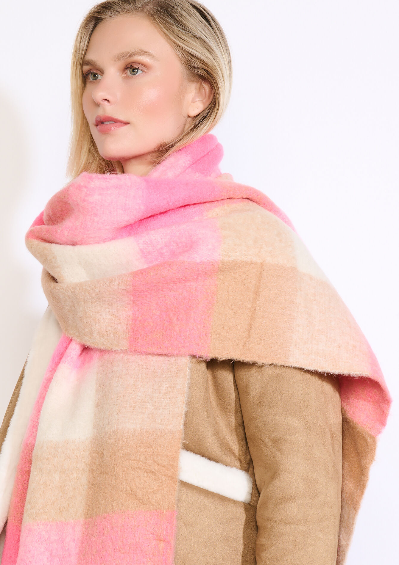 Soft fringed check scarf, Soft fringed check scarf - CAMEL GINGER - 17101411_3831