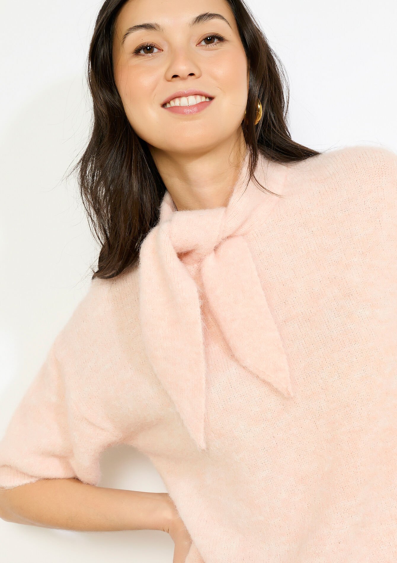 Pull noeud en maille duveteuse, Pull noeud en maille duveteuse - NUDE PINK - 04007228_1301