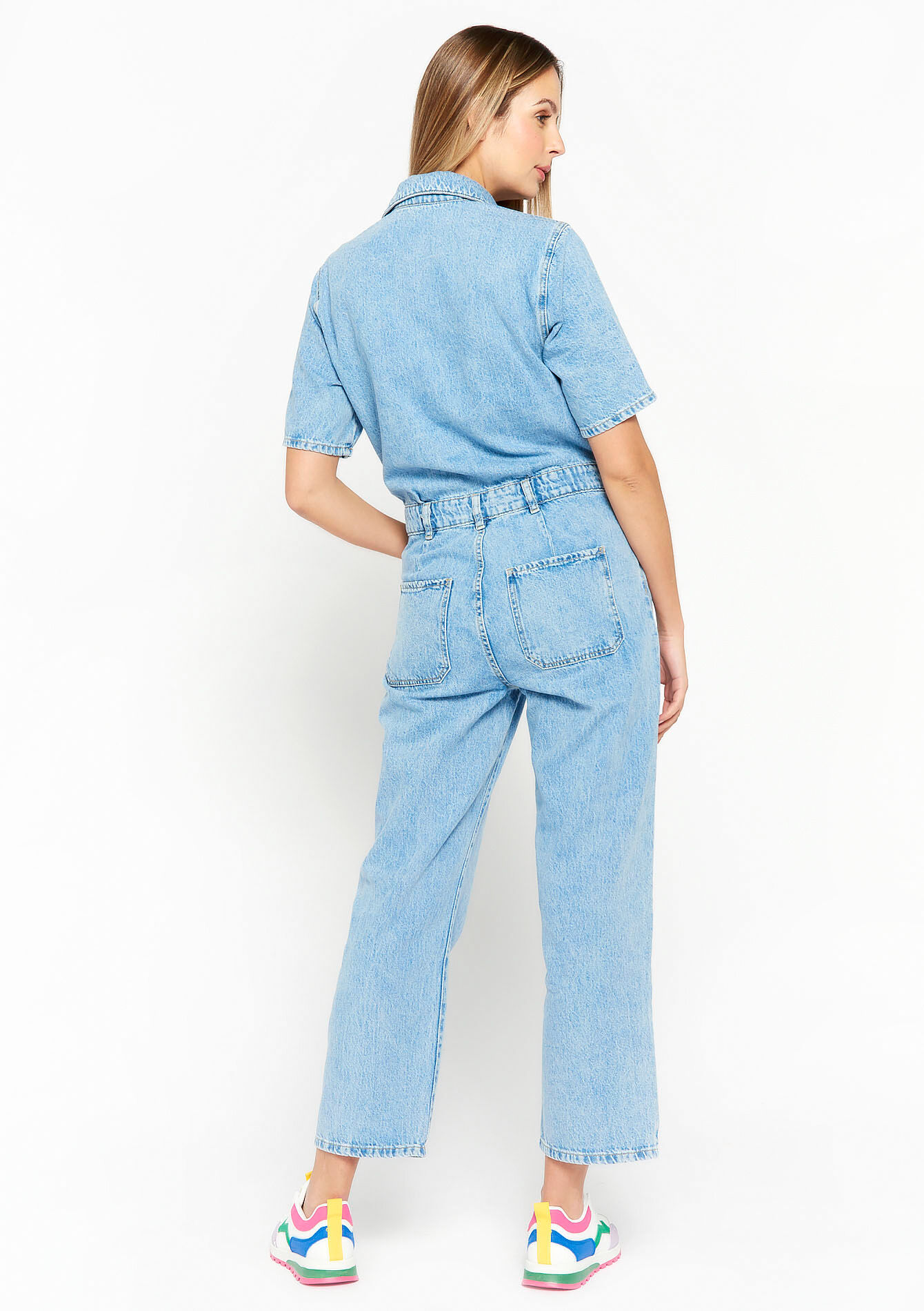 Denim boilersuit met korte mouwen, Denim boilersuit met korte mouwen - BLUE BLEACHED - 22000450_0502