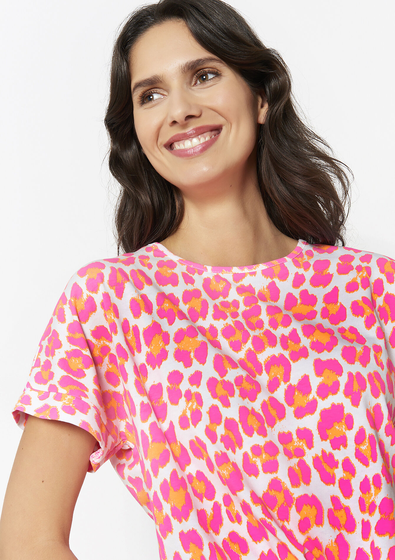 T-shirt met knoop en print, T-shirt met knoop en print - FLUO PINK - 02301841_5727