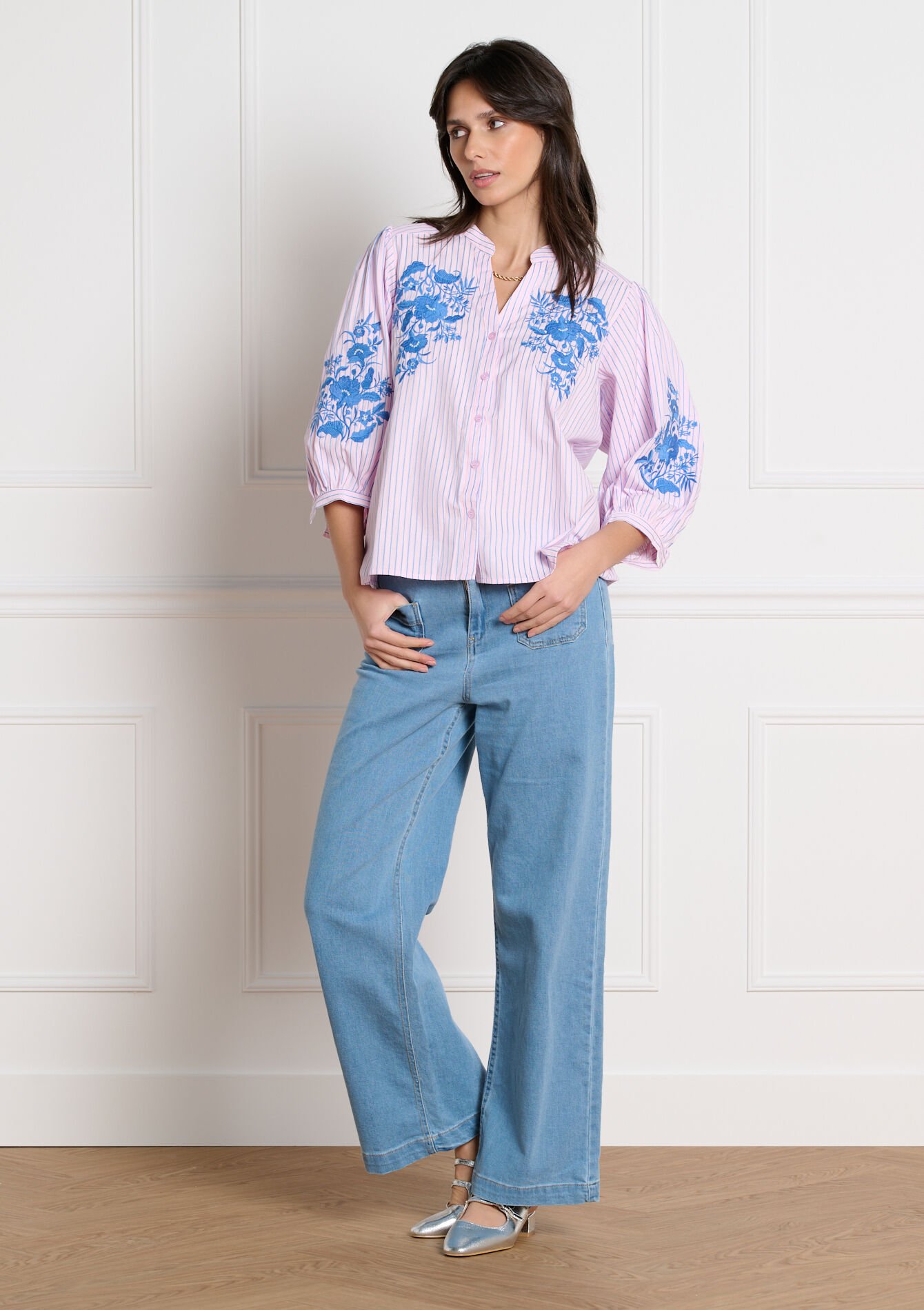 Blouse rayée brodée - LIGHT PINK - 05703035_1303