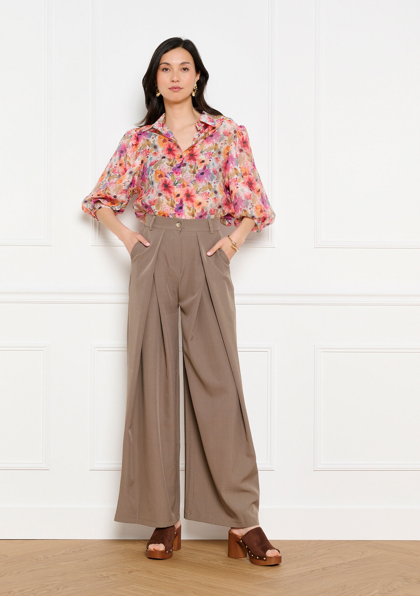 Hoge taille wijde broek, Hoge taille wijde broek - TAUPE - 06100806_1021